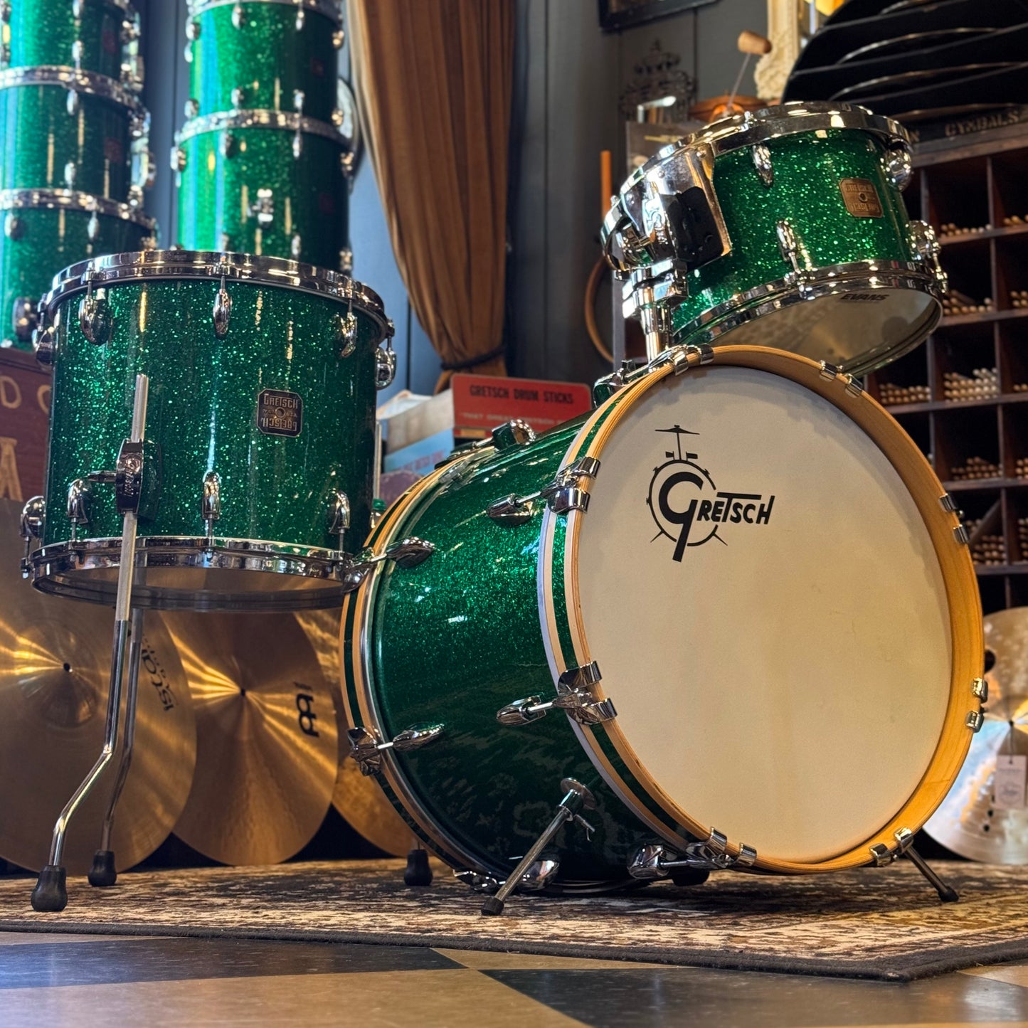 USED 1990's Gretsch USA Custom Square Badge Drum Set in Green Sparkle -14x18, 8x12, 12x14