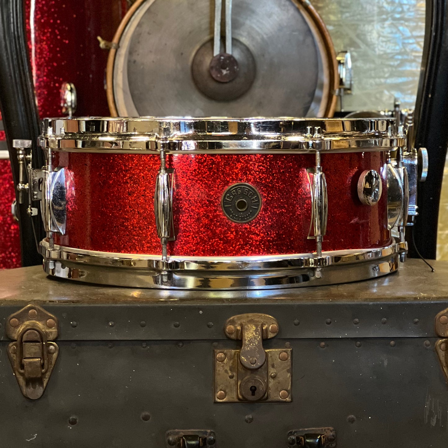 VINTAGE 1960's Gretsch Round Badge 5.5x14 Name Band Snare Drum in Red Sparkle