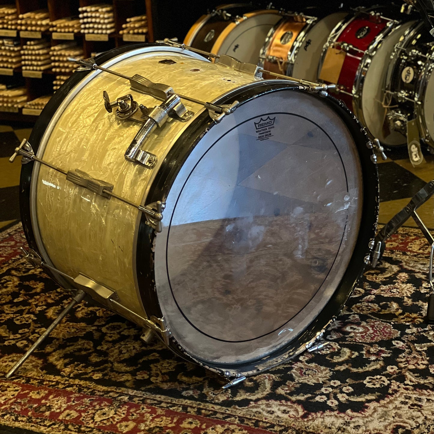 VINTAGE 1958-59 Ludwig Transition Badge Club Date Two Piece in White Marine Pearl -14x20, 9x13