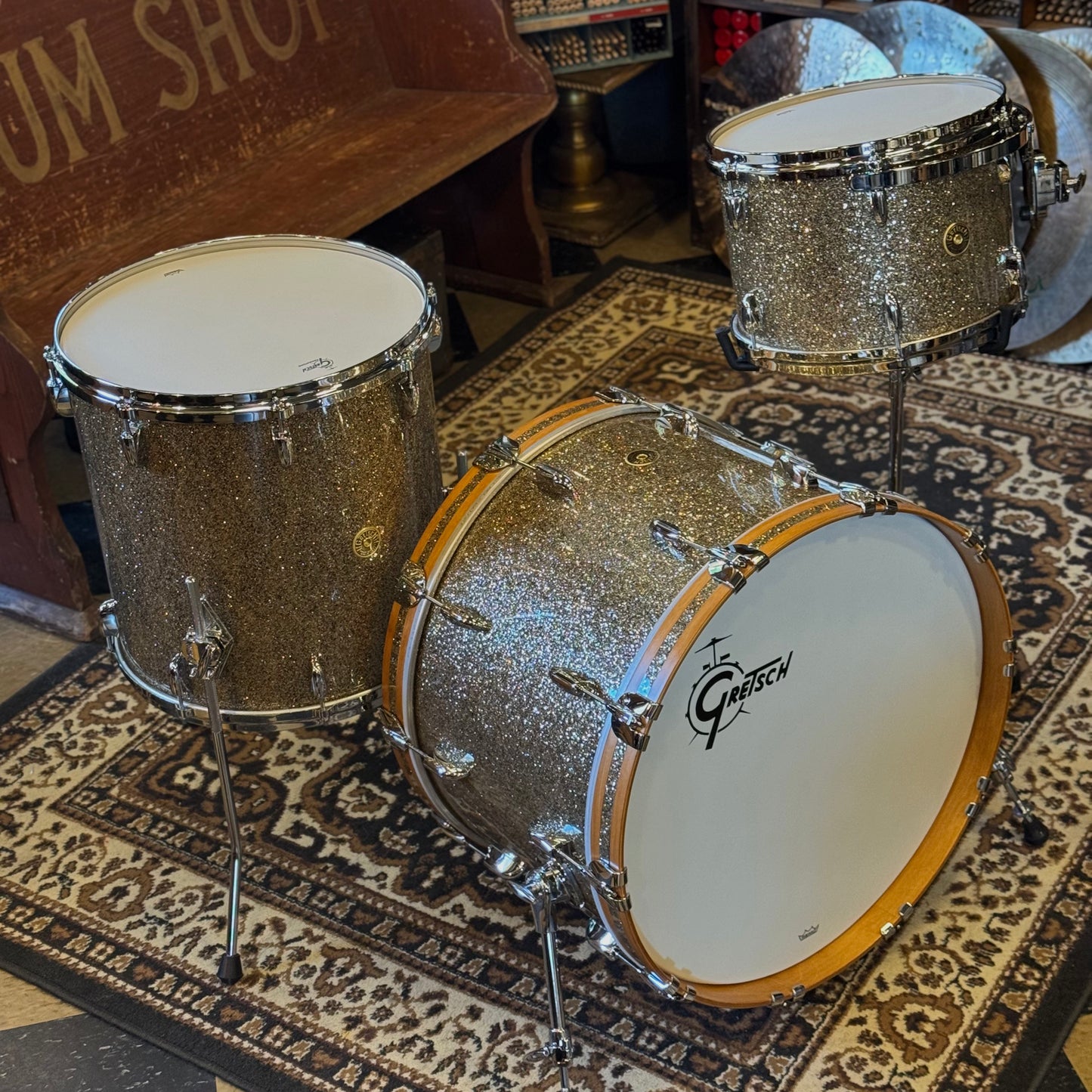 NEW Gretsch USA Custom in Ginger Glass Glitter w/ Satin Classic Maple Bass Drum Hoops - 14x22, 9x13, 16x16