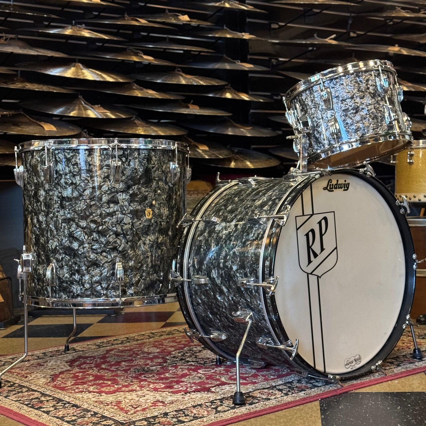 VINTAGE 1960's Ludwig Keystone Badge Drum Set in Black Diamond Pearl - 14x22, 9x13, 18x20