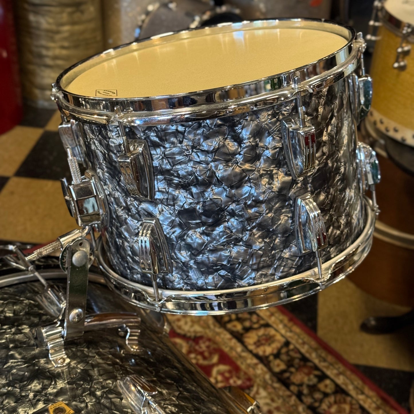 VINTAGE 1960's Ludwig Keystone Badge Drum Set in Black Diamond Pearl - 14x22, 9x13, 18x20