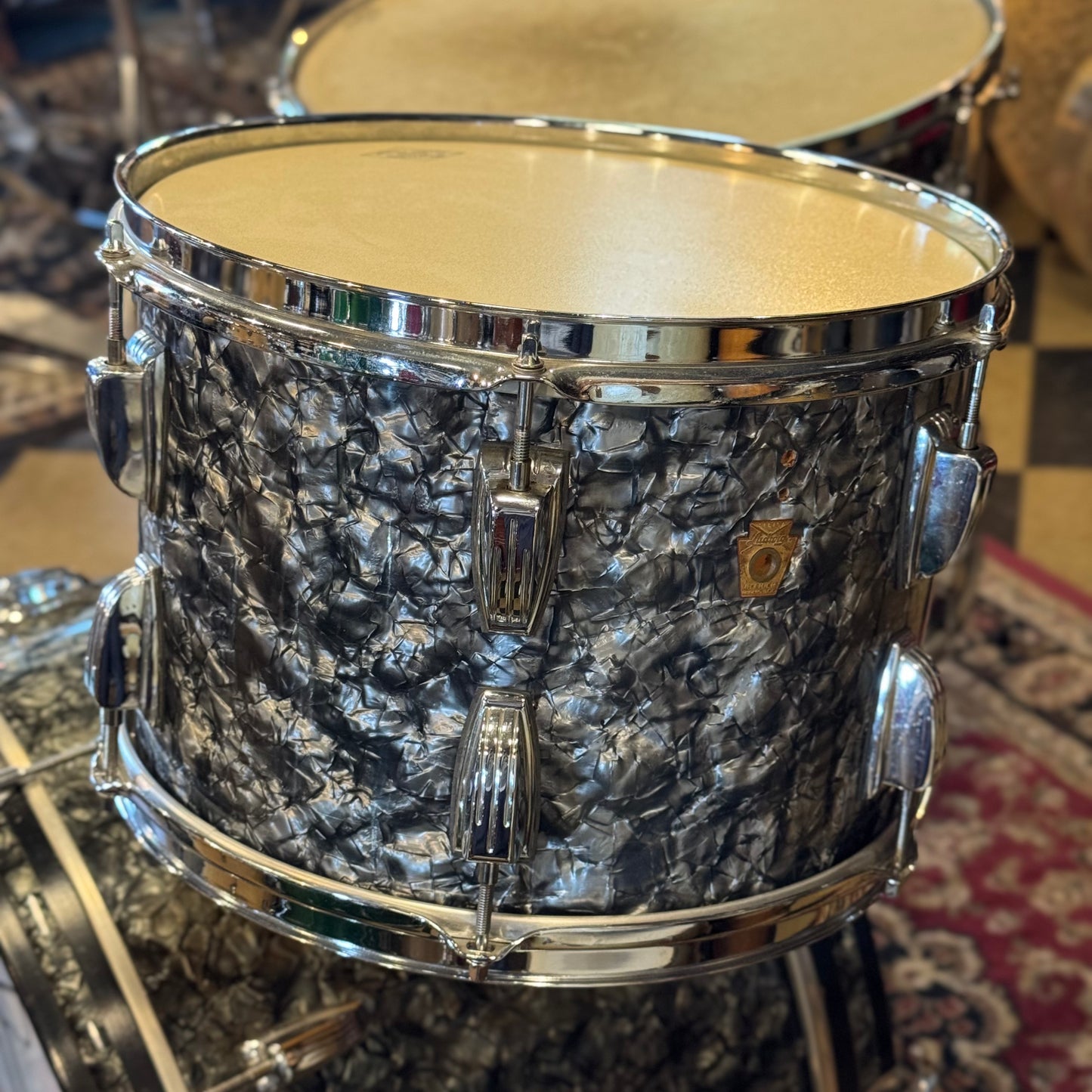 VINTAGE 1960's Ludwig Keystone Badge Drum Set in Black Diamond Pearl - 14x22, 9x13, 18x20