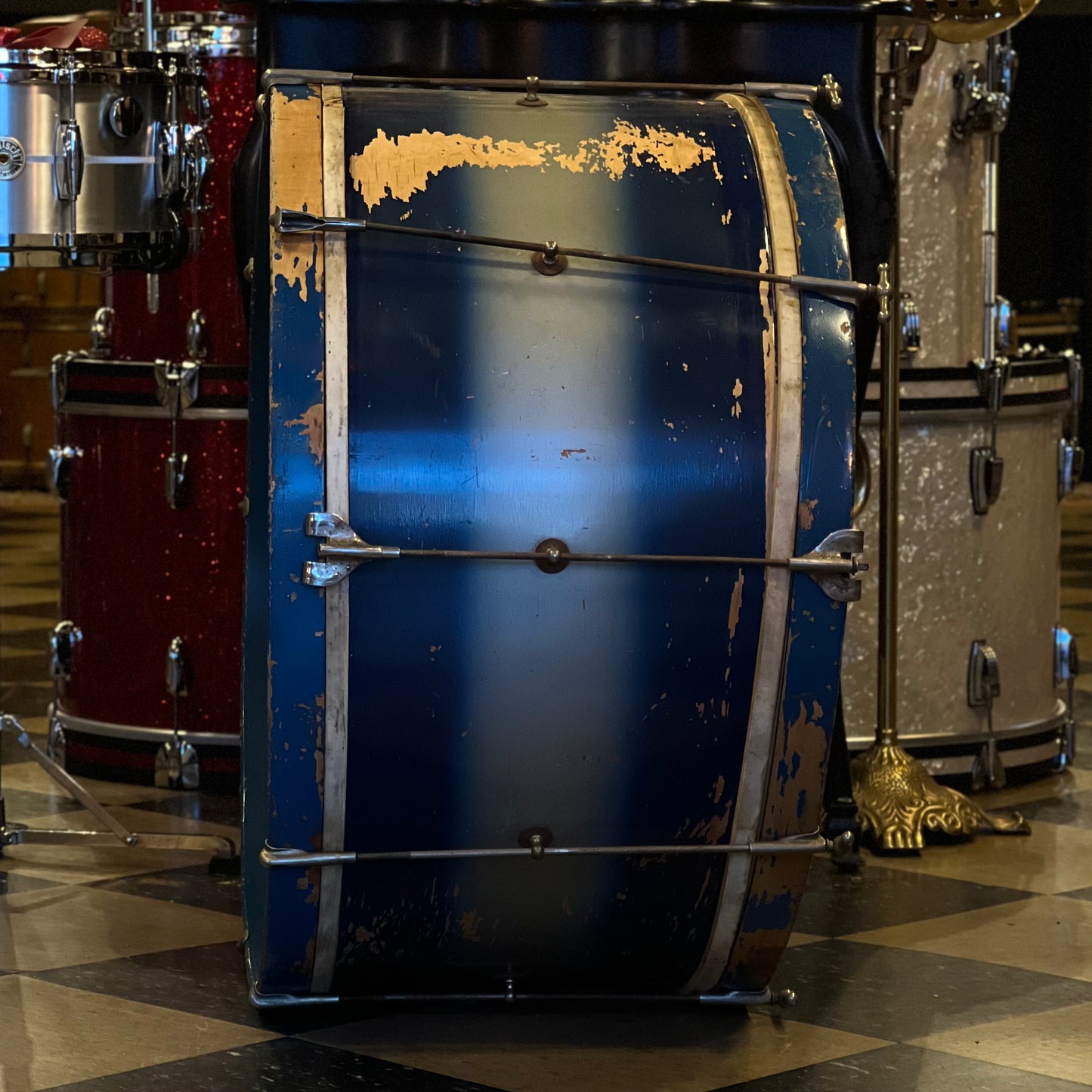 VINTAGE 1940's Slingerland 14x26 Cloud Badge Bass Drum in Blue & Silver Duco