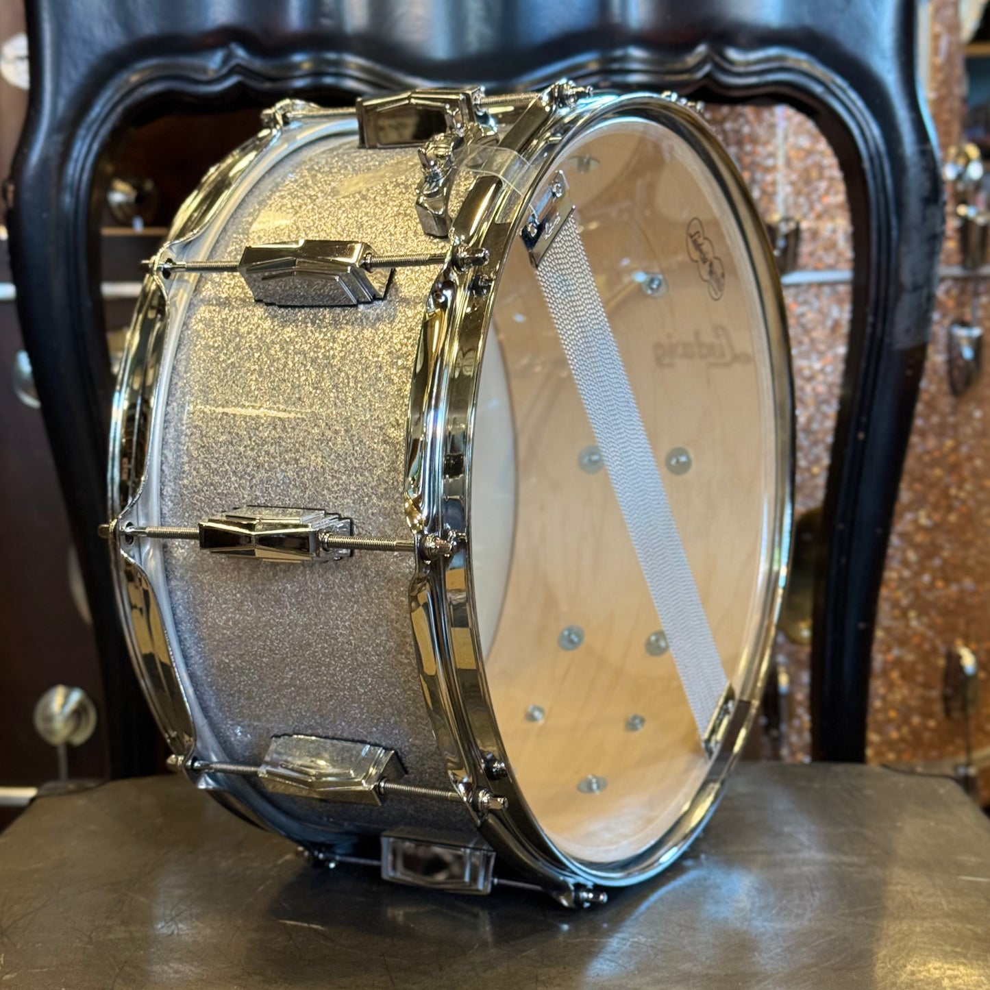 FLOOR MODEL Ludwig 6.5x14 Classic Maple Snare Drum in Silver Sparkle w/ B&O Badge & Imperial Lugs