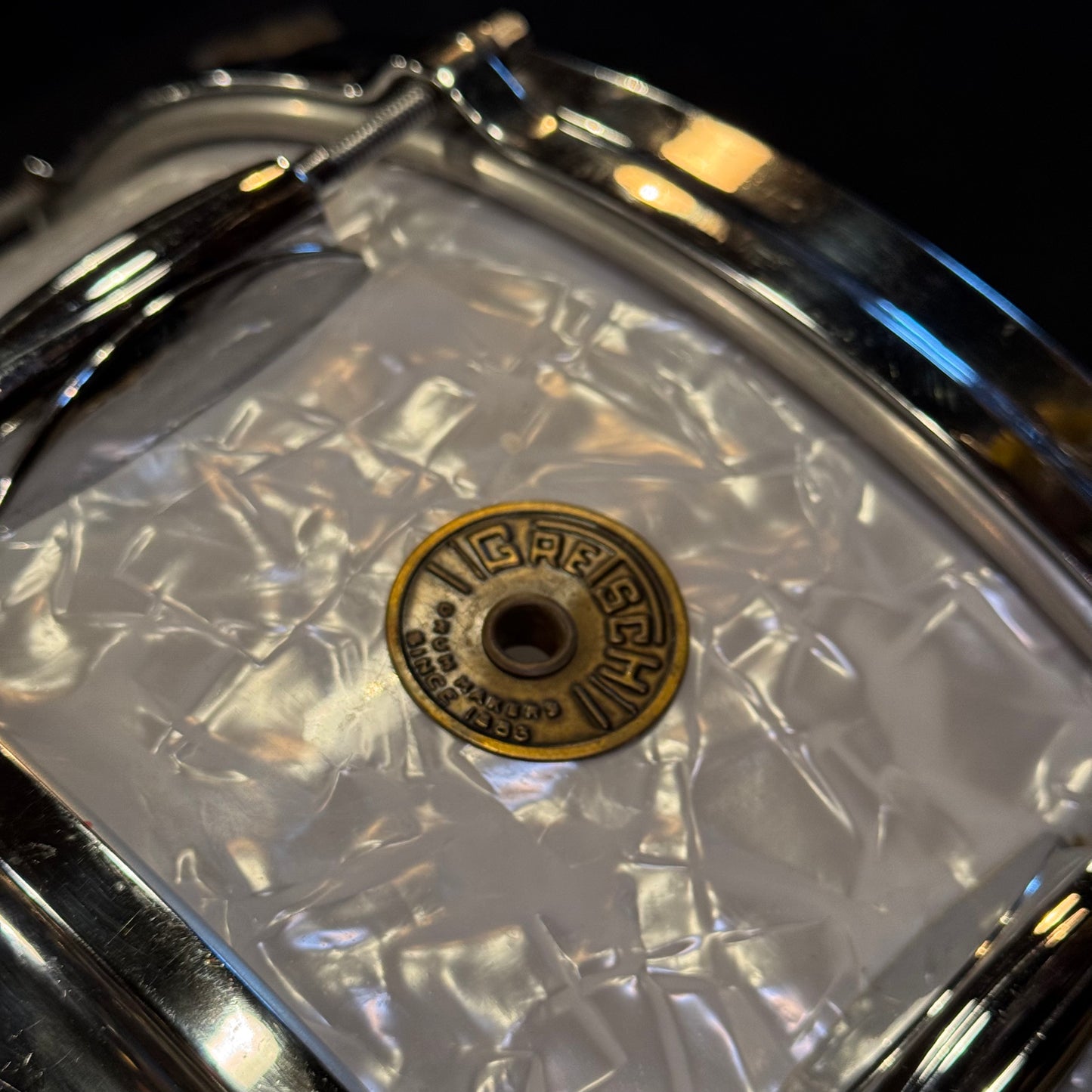 VINTAGE 1960's Gretsch 5.5x14 Round Badge Name Band Snare Drum in White Marine Pearl