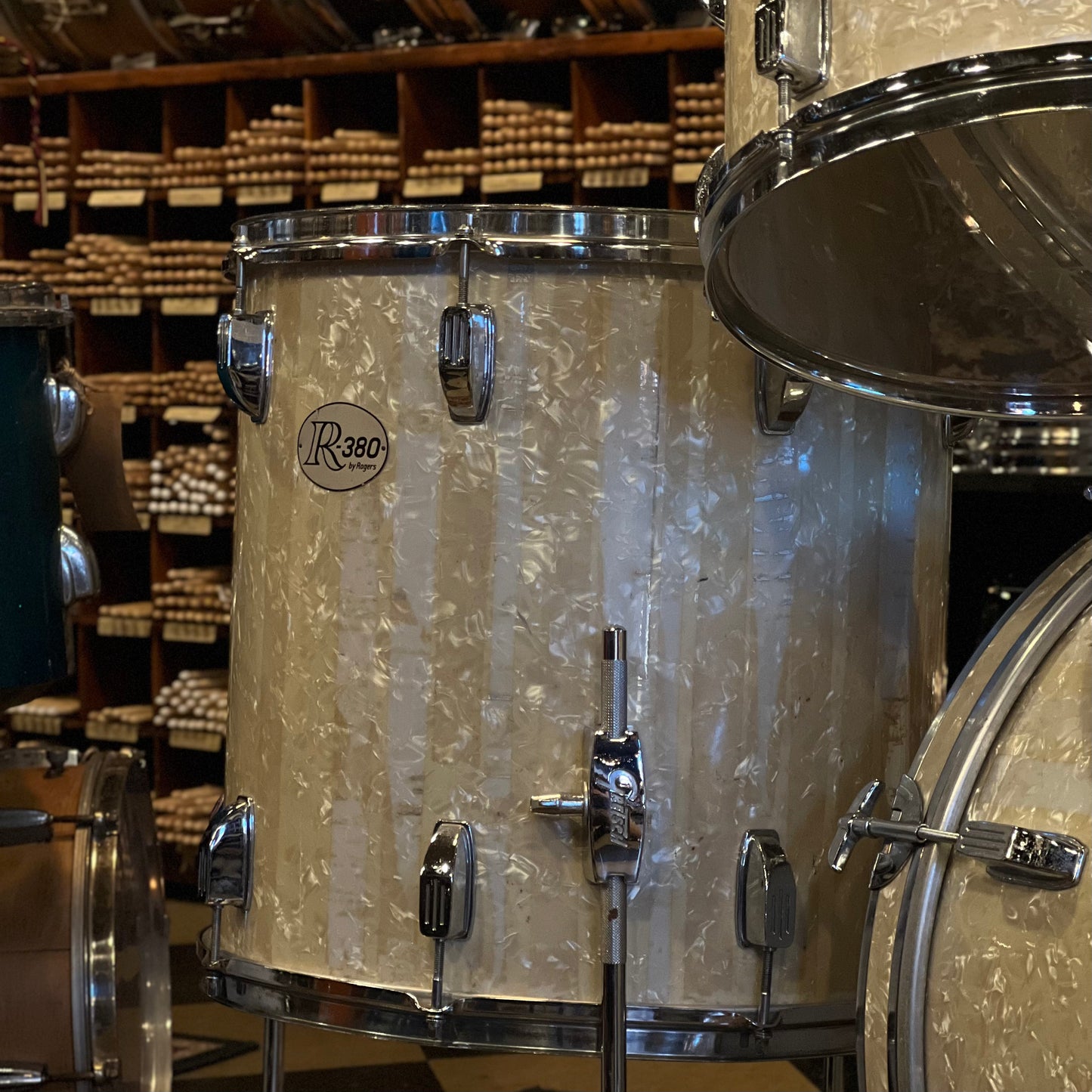 VINTAGE 1960's Rogers R-380 Drumset in White Marine Pearl - 14x22, 8x12, 9x13, 16x16