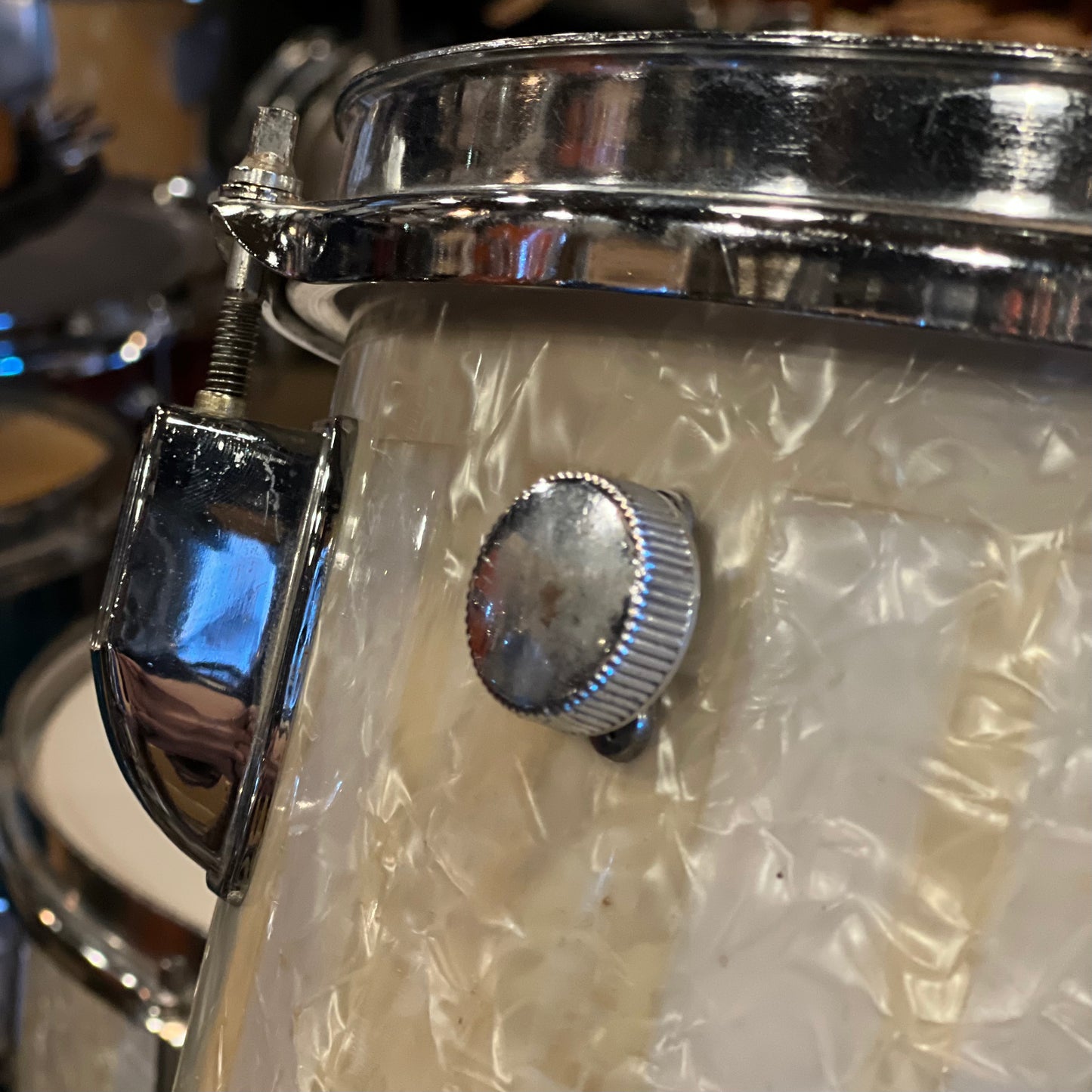 VINTAGE 1960's Rogers R-380 Drumset in White Marine Pearl - 14x22, 8x12, 9x13, 16x16