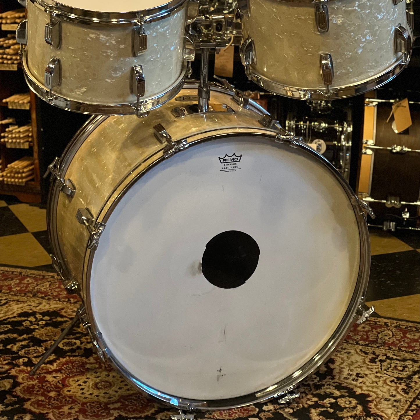 VINTAGE 1960's Rogers R-380 Drumset in White Marine Pearl - 14x22, 8x12, 9x13, 16x16