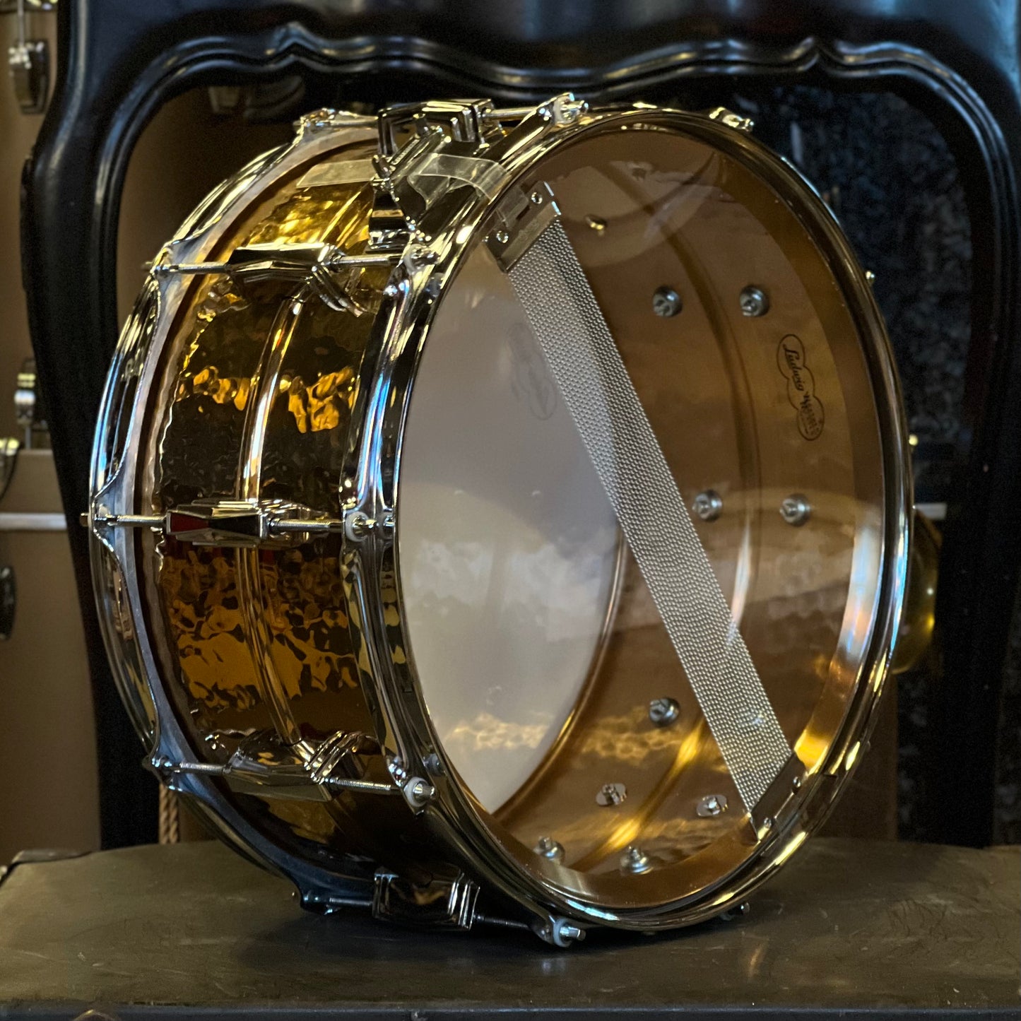 USED 90's Ludwig 6.5x14 Monroe Badge Hammered Bronze Snare Drum