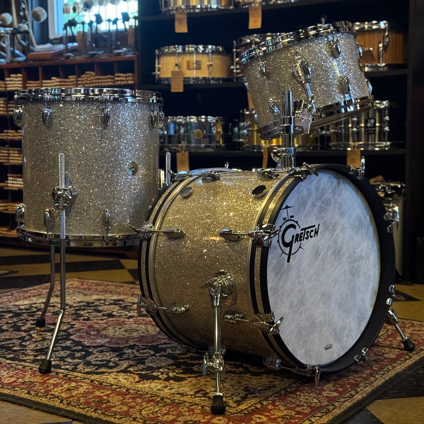 NEW Gretsch USA Custom Drum Set in Silver Glass Glitter - 14x18, 8x12, 14x14