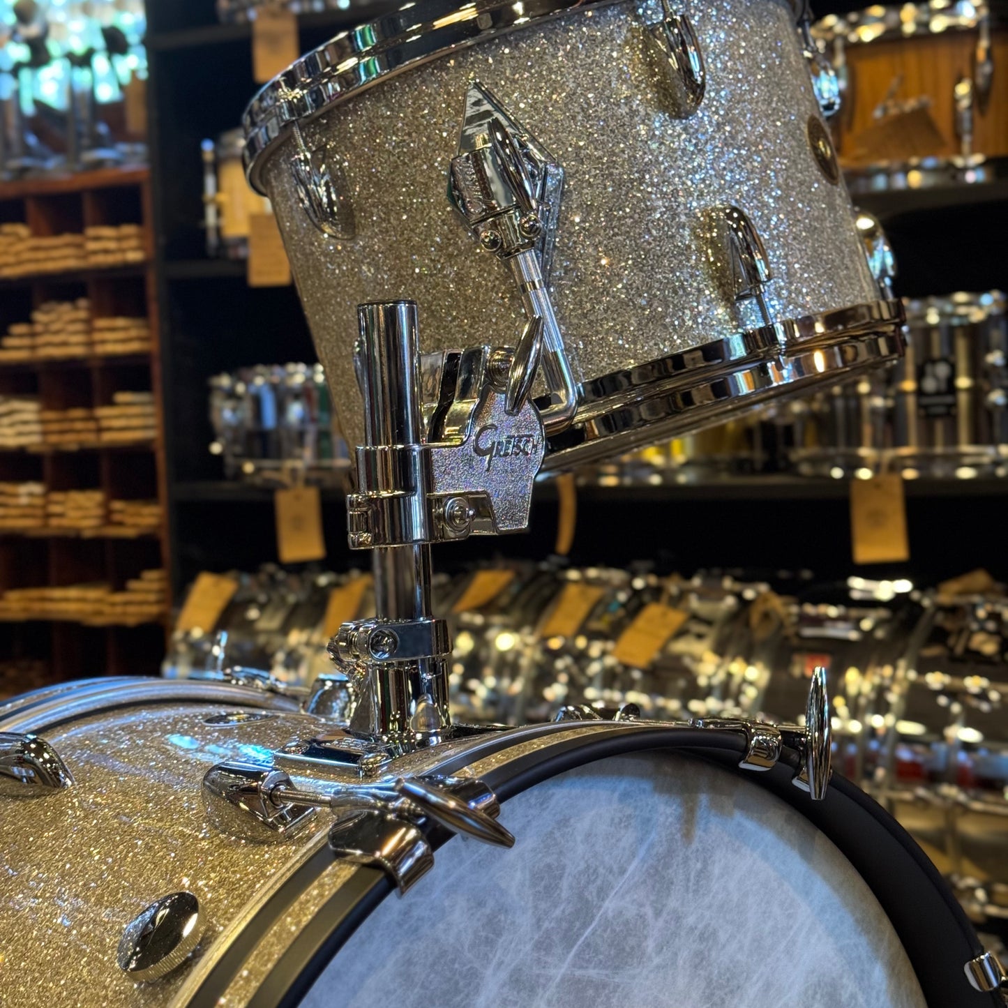 NEW Gretsch USA Custom Drum Set in Silver Glass Glitter - 14x18, 8x12, 14x14