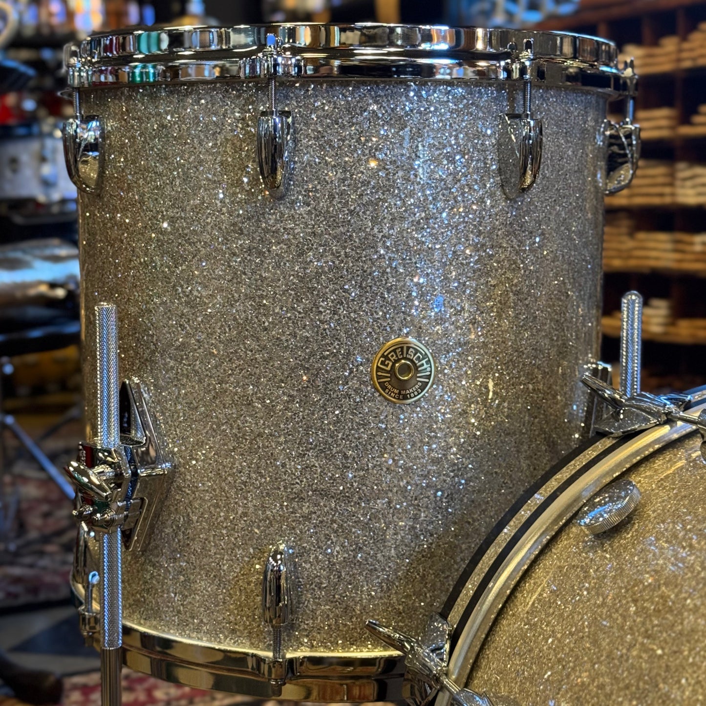 NEW Gretsch USA Custom Drum Set in Silver Glass Glitter - 14x18, 8x12, 14x14