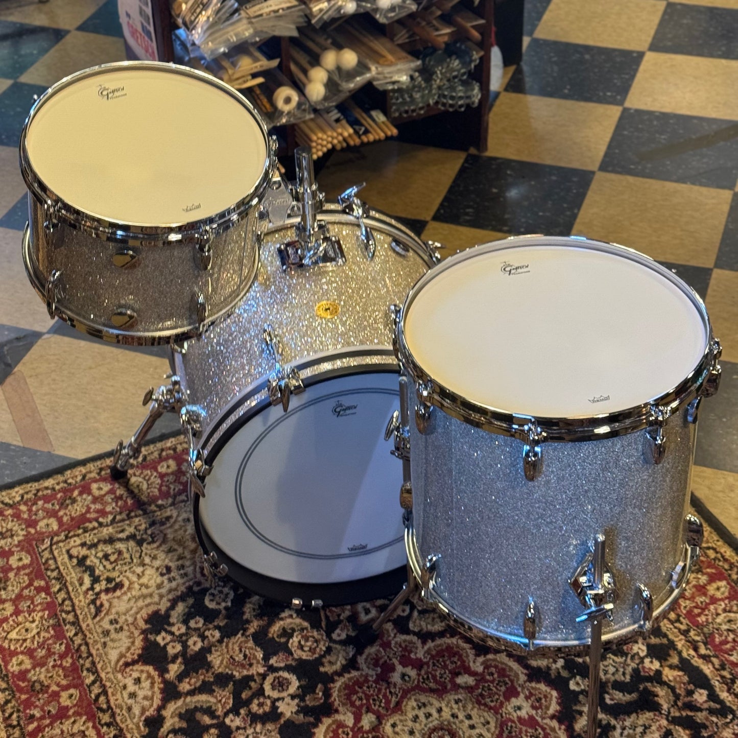 NEW Gretsch USA Custom Drum Set in Silver Glass Glitter - 14x18, 8x12, 14x14
