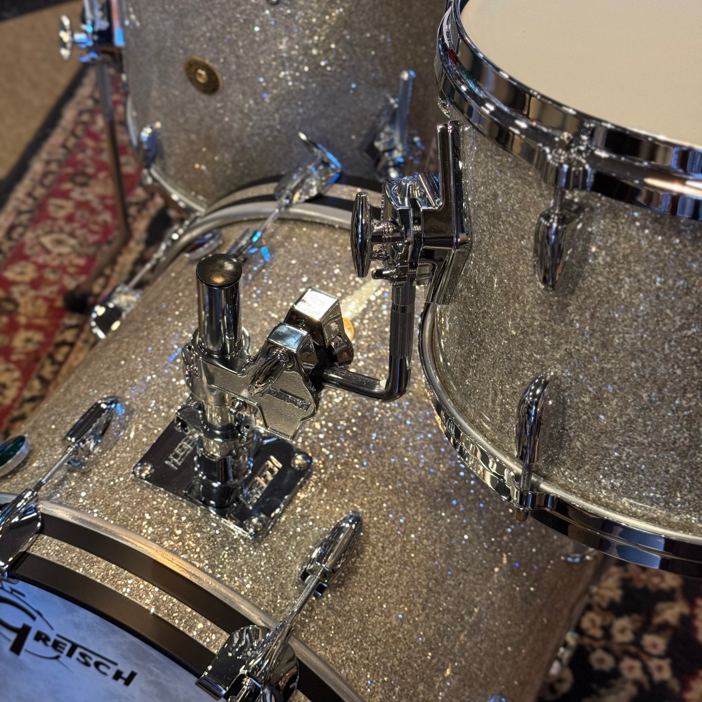 NEW Gretsch USA Custom Drum Set in Silver Glass Glitter - 14x18, 8x12, 14x14