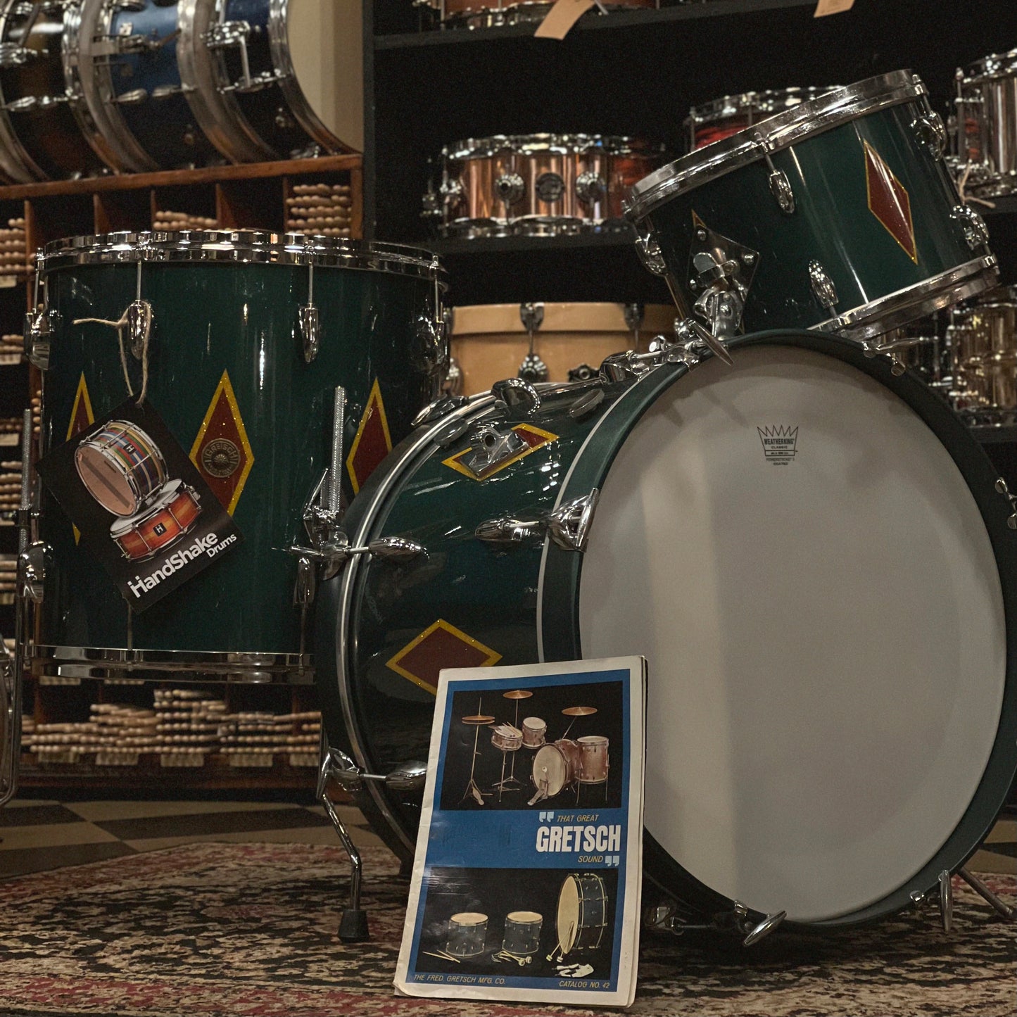 VINTAGE 1960's Gretsch Round Badge in Cadillac Green Glass Glitter Lacquer w/ Full Dress Diamonds - refurbished by Handshake Drums- 14x20, 8x12, 16x16
