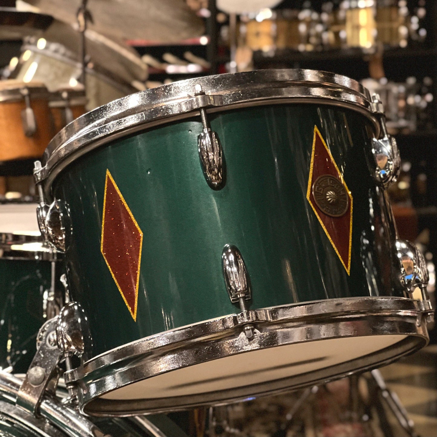 VINTAGE 1960's Gretsch Round Badge in Cadillac Green Glass Glitter Lacquer w/ Full Dress Diamonds - refurbished by Handshake Drums- 14x20, 8x12, 16x16