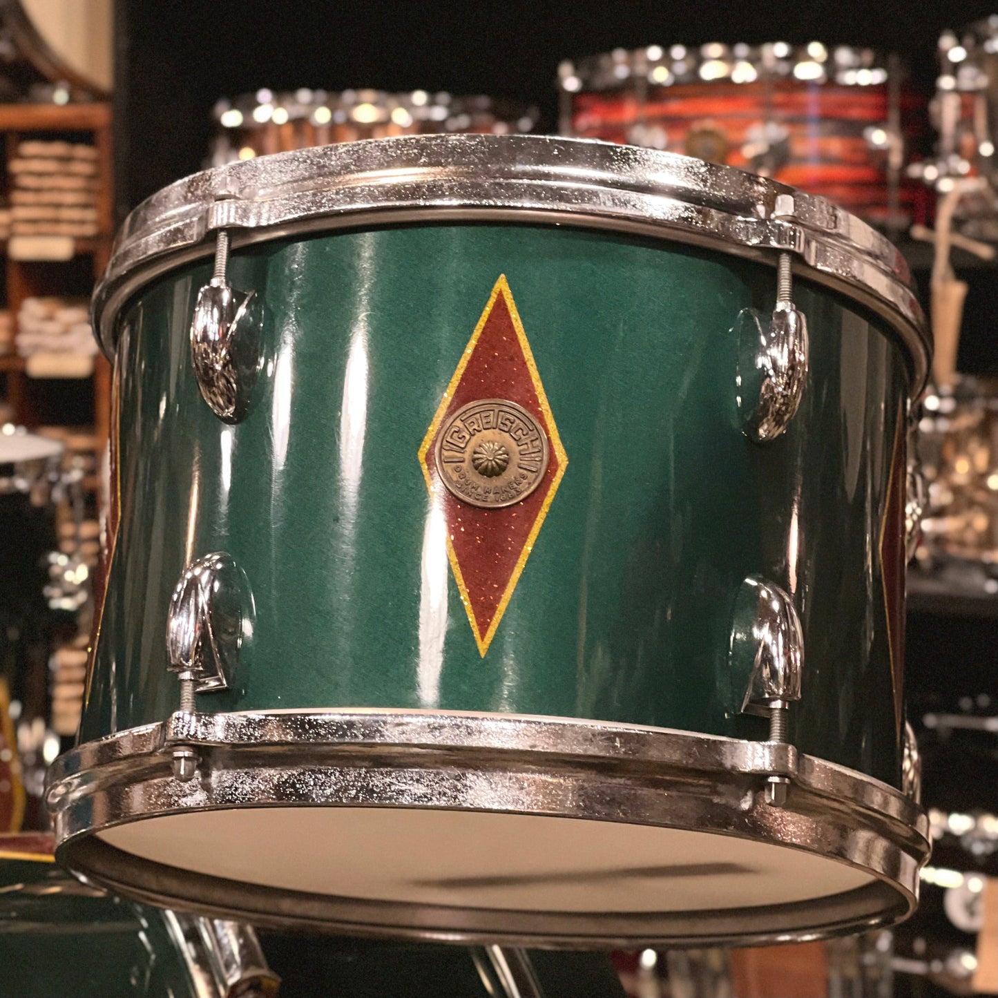 VINTAGE 1960's Gretsch Round Badge in Cadillac Green Glass Glitter Lacquer w/ Full Dress Diamonds - refurbished by Handshake Drums- 14x20, 8x12, 16x16