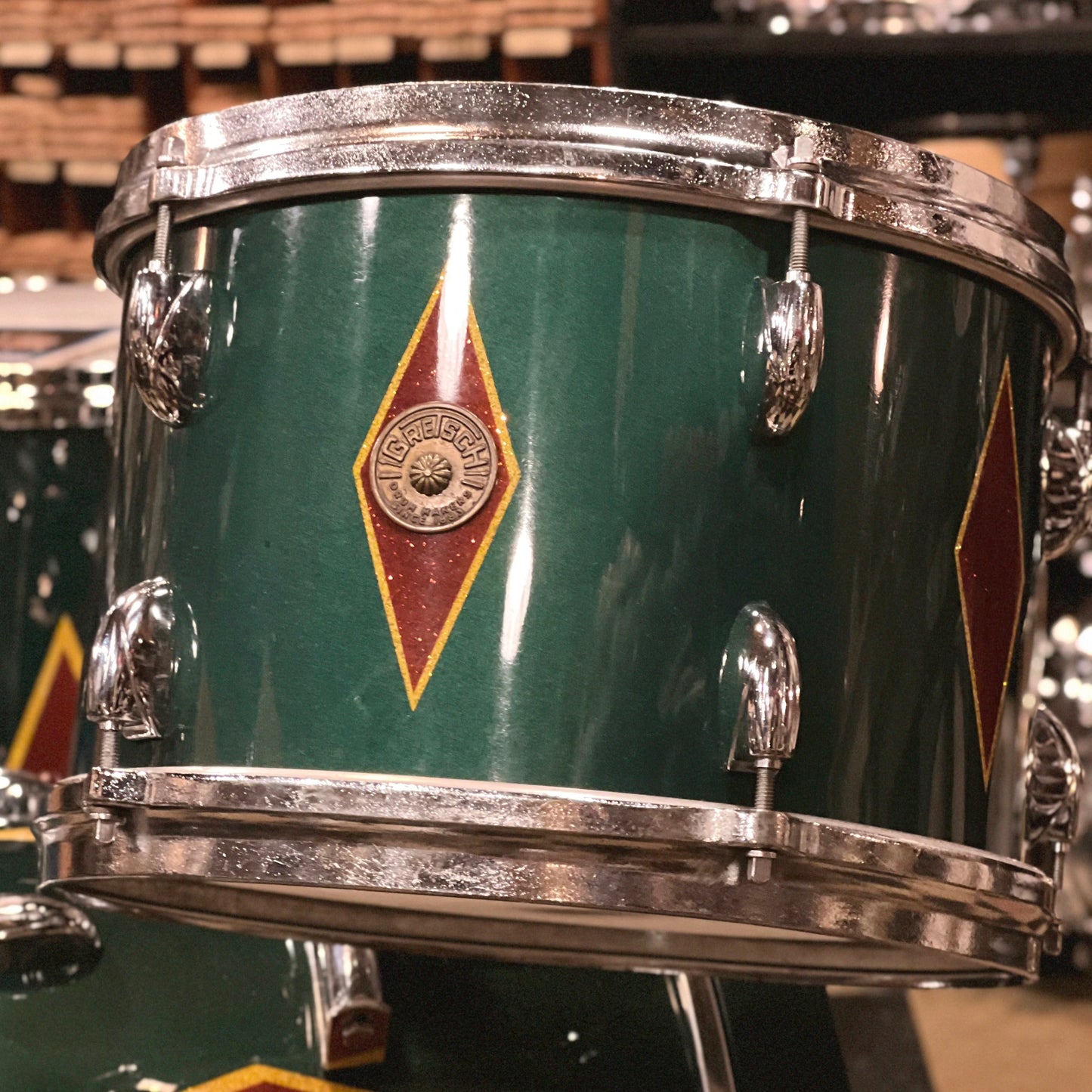 VINTAGE 1960's Gretsch Round Badge in Cadillac Green Glass Glitter Lacquer w/ Full Dress Diamonds - refurbished by Handshake Drums- 14x20, 8x12, 16x16