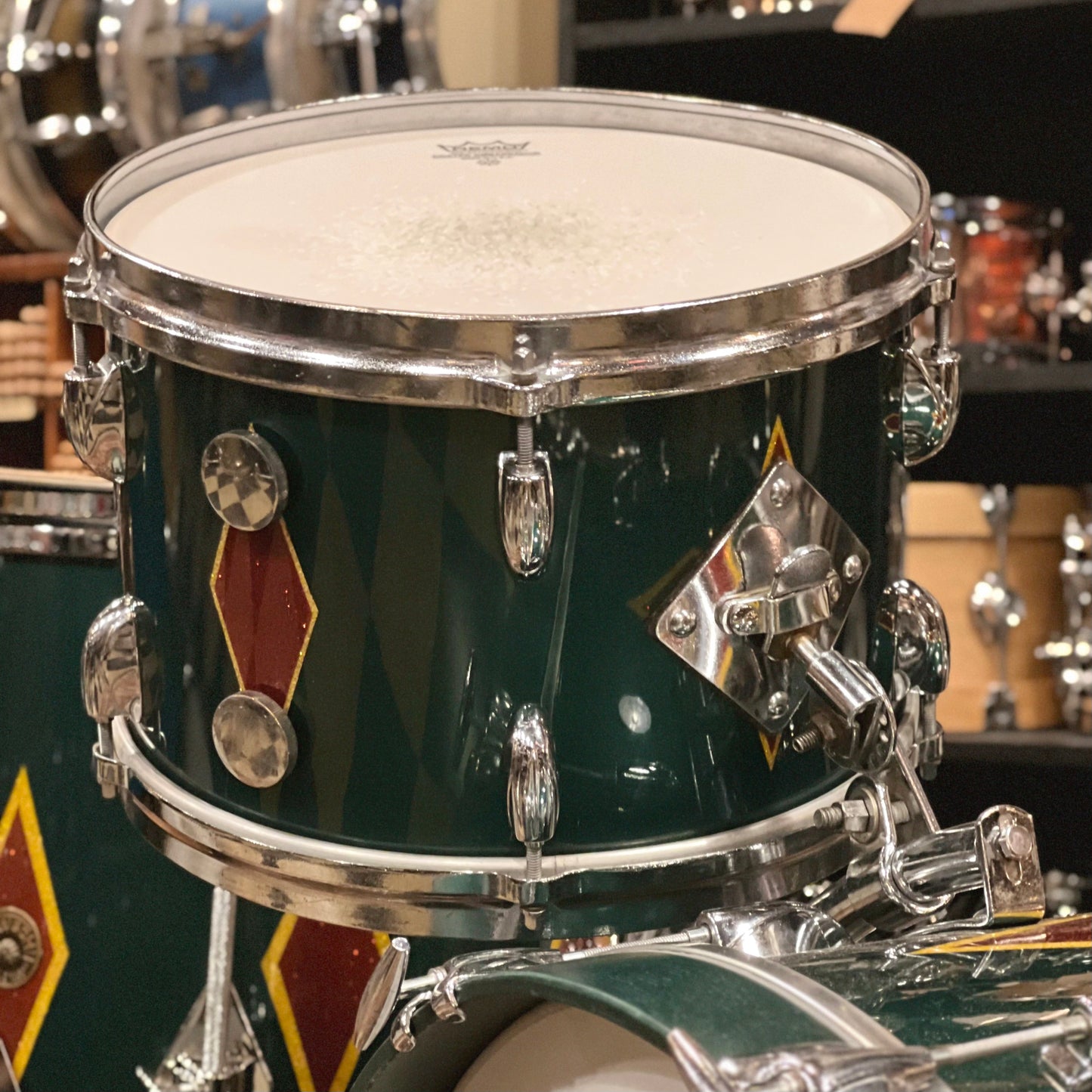 VINTAGE 1960's Gretsch Round Badge in Cadillac Green Glass Glitter Lacquer w/ Full Dress Diamonds - refurbished by Handshake Drums- 14x20, 8x12, 16x16