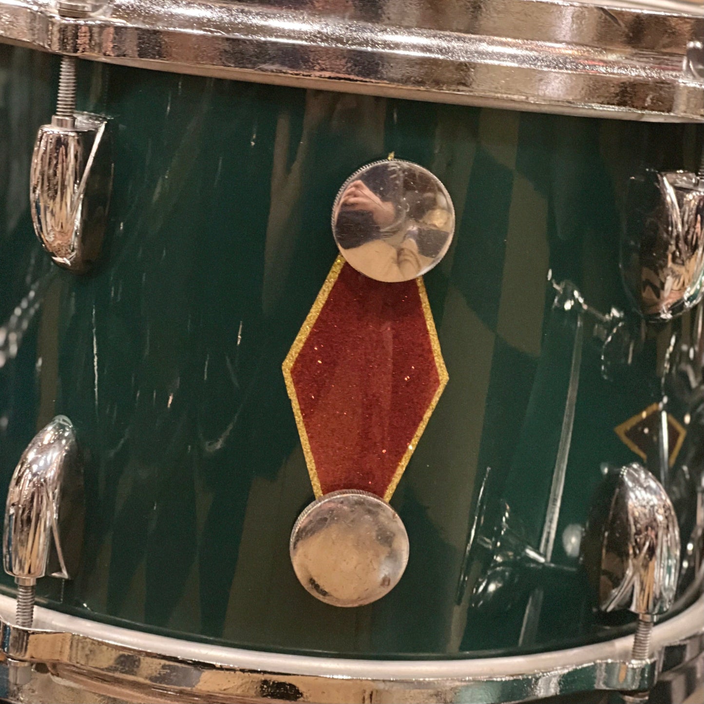VINTAGE 1960's Gretsch Round Badge in Cadillac Green Glass Glitter Lacquer w/ Full Dress Diamonds - refurbished by Handshake Drums- 14x20, 8x12, 16x16