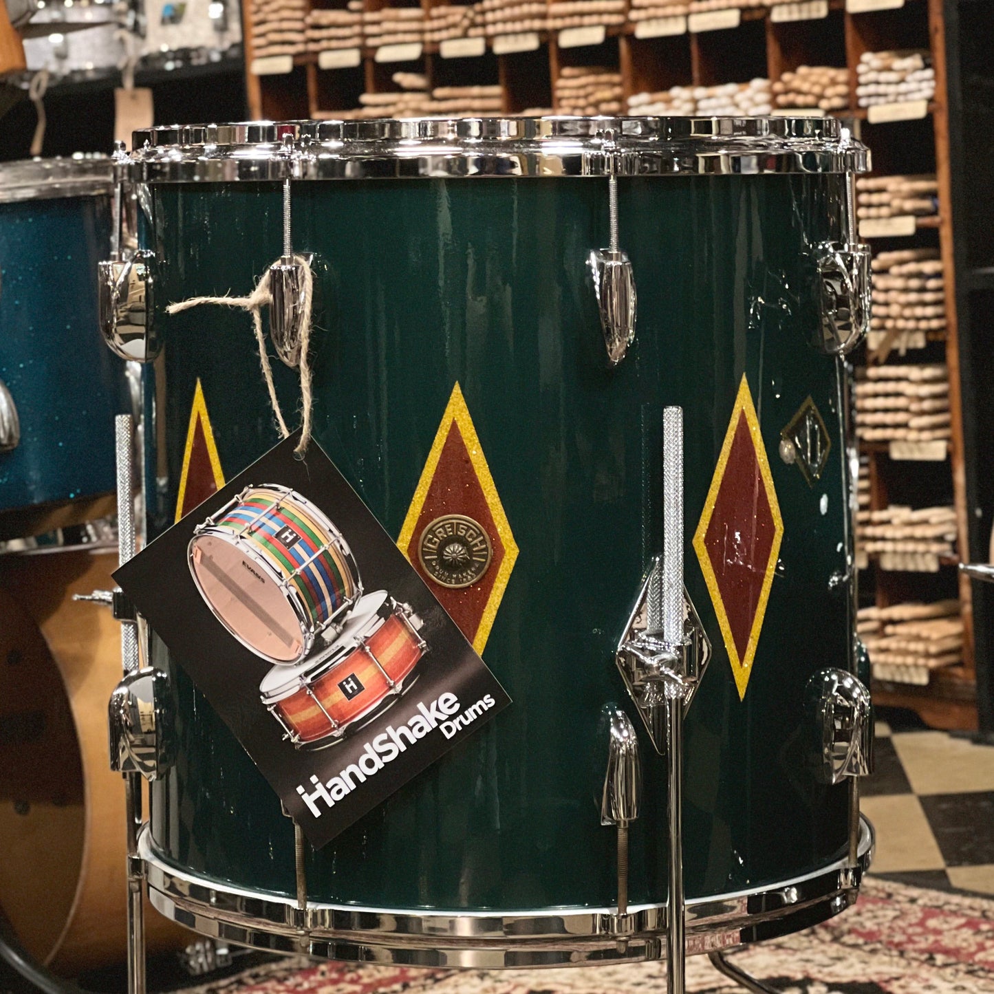 VINTAGE 1960's Gretsch Round Badge in Cadillac Green Glass Glitter Lacquer w/ Full Dress Diamonds - refurbished by Handshake Drums- 14x20, 8x12, 16x16