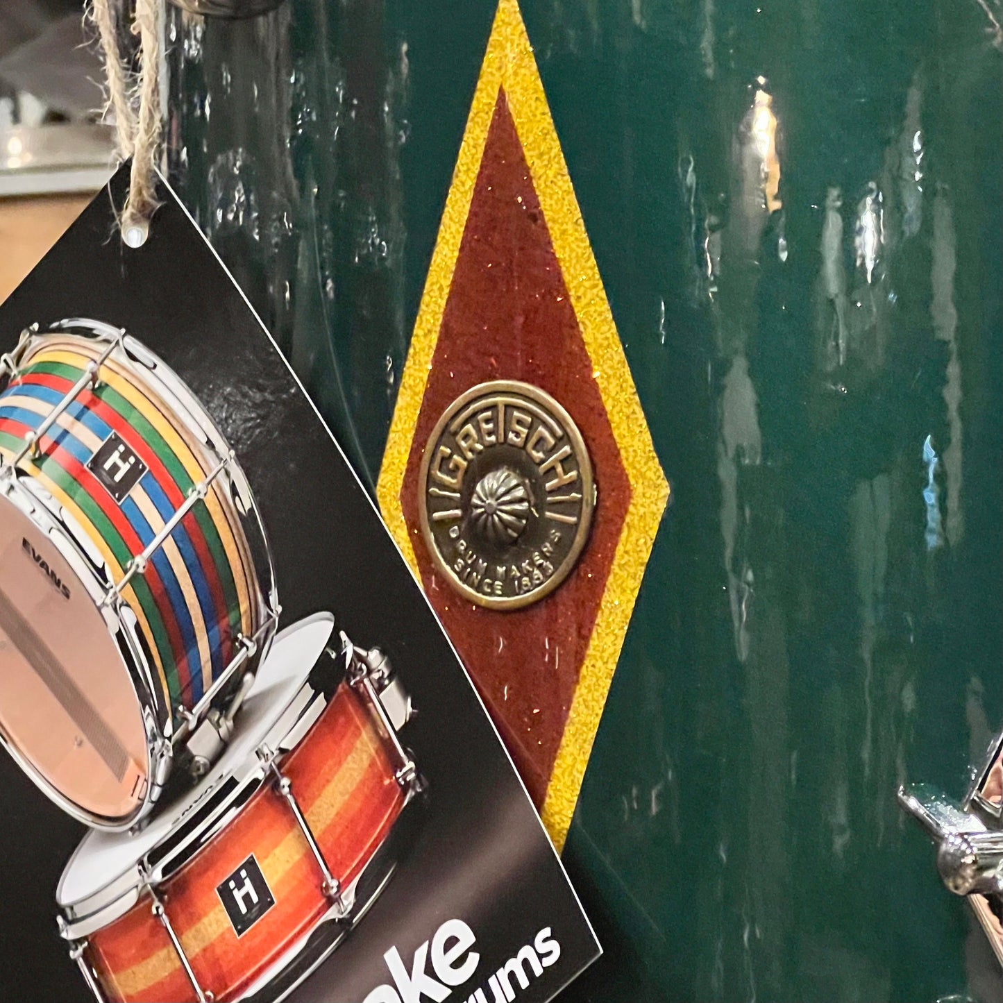 VINTAGE 1960's Gretsch Round Badge in Cadillac Green Glass Glitter Lacquer w/ Full Dress Diamonds - refurbished by Handshake Drums- 14x20, 8x12, 16x16