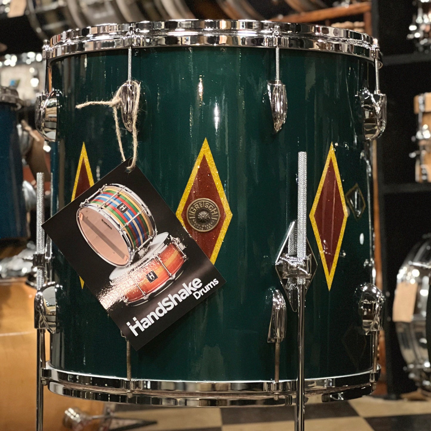 VINTAGE 1960's Gretsch Round Badge in Cadillac Green Glass Glitter Lacquer w/ Full Dress Diamonds - refurbished by Handshake Drums- 14x20, 8x12, 16x16