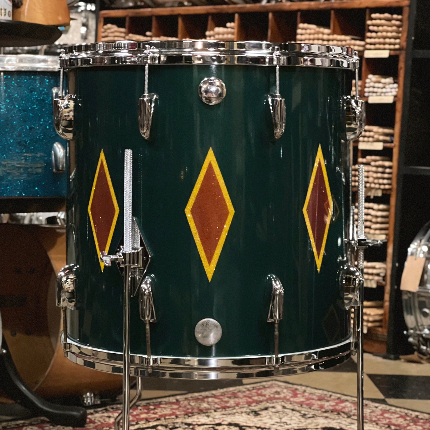 VINTAGE 1960's Gretsch Round Badge in Cadillac Green Glass Glitter Lacquer w/ Full Dress Diamonds - refurbished by Handshake Drums- 14x20, 8x12, 16x16