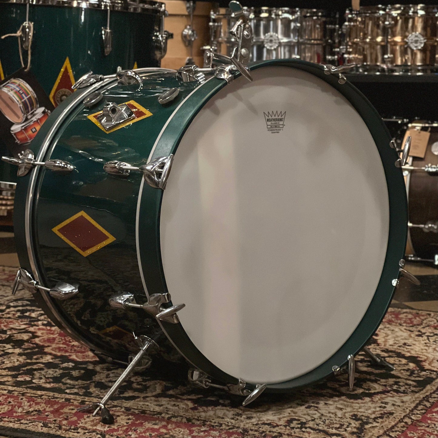 VINTAGE 1960's Gretsch Round Badge in Cadillac Green Glass Glitter Lacquer w/ Full Dress Diamonds - refurbished by Handshake Drums- 14x20, 8x12, 16x16