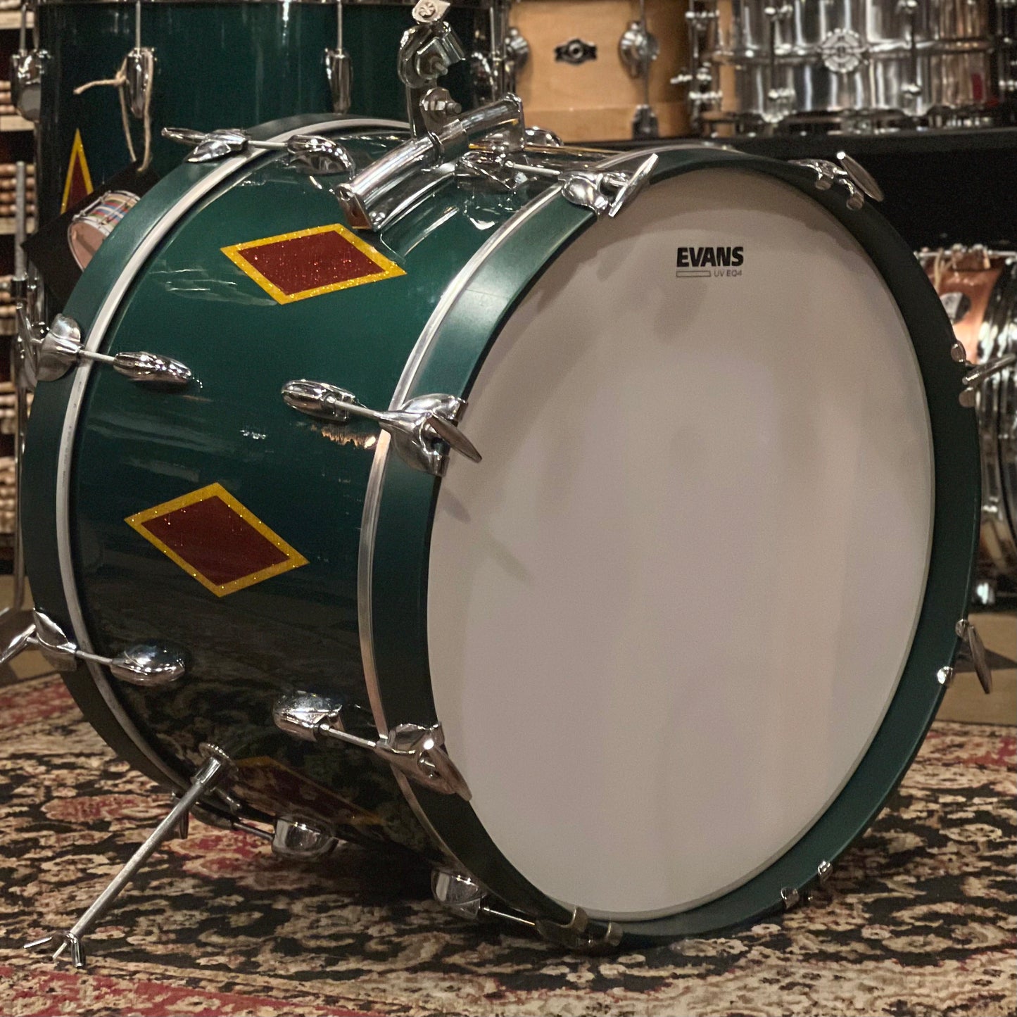 VINTAGE 1960's Gretsch Round Badge in Cadillac Green Glass Glitter Lacquer w/ Full Dress Diamonds - refurbished by Handshake Drums- 14x20, 8x12, 16x16