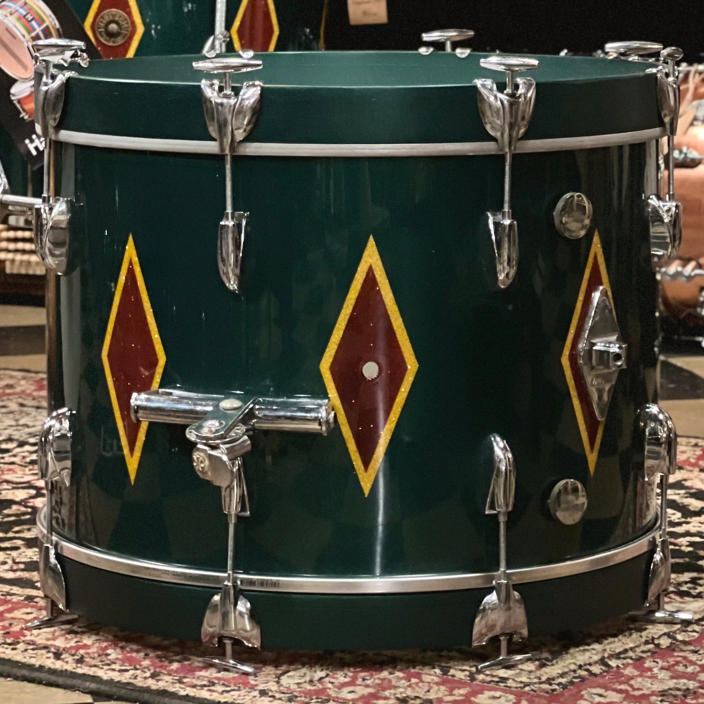 VINTAGE 1960's Gretsch Round Badge in Cadillac Green Glass Glitter Lacquer w/ Full Dress Diamonds - refurbished by Handshake Drums- 14x20, 8x12, 16x16