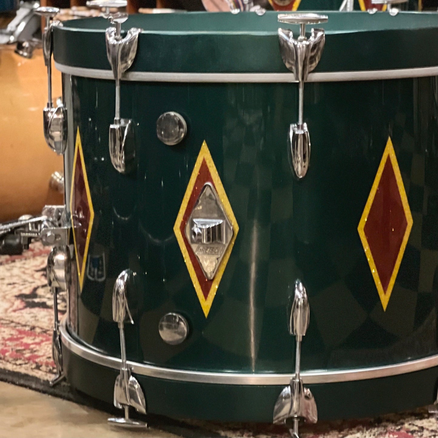 VINTAGE 1960's Gretsch Round Badge in Cadillac Green Glass Glitter Lacquer w/ Full Dress Diamonds - refurbished by Handshake Drums- 14x20, 8x12, 16x16