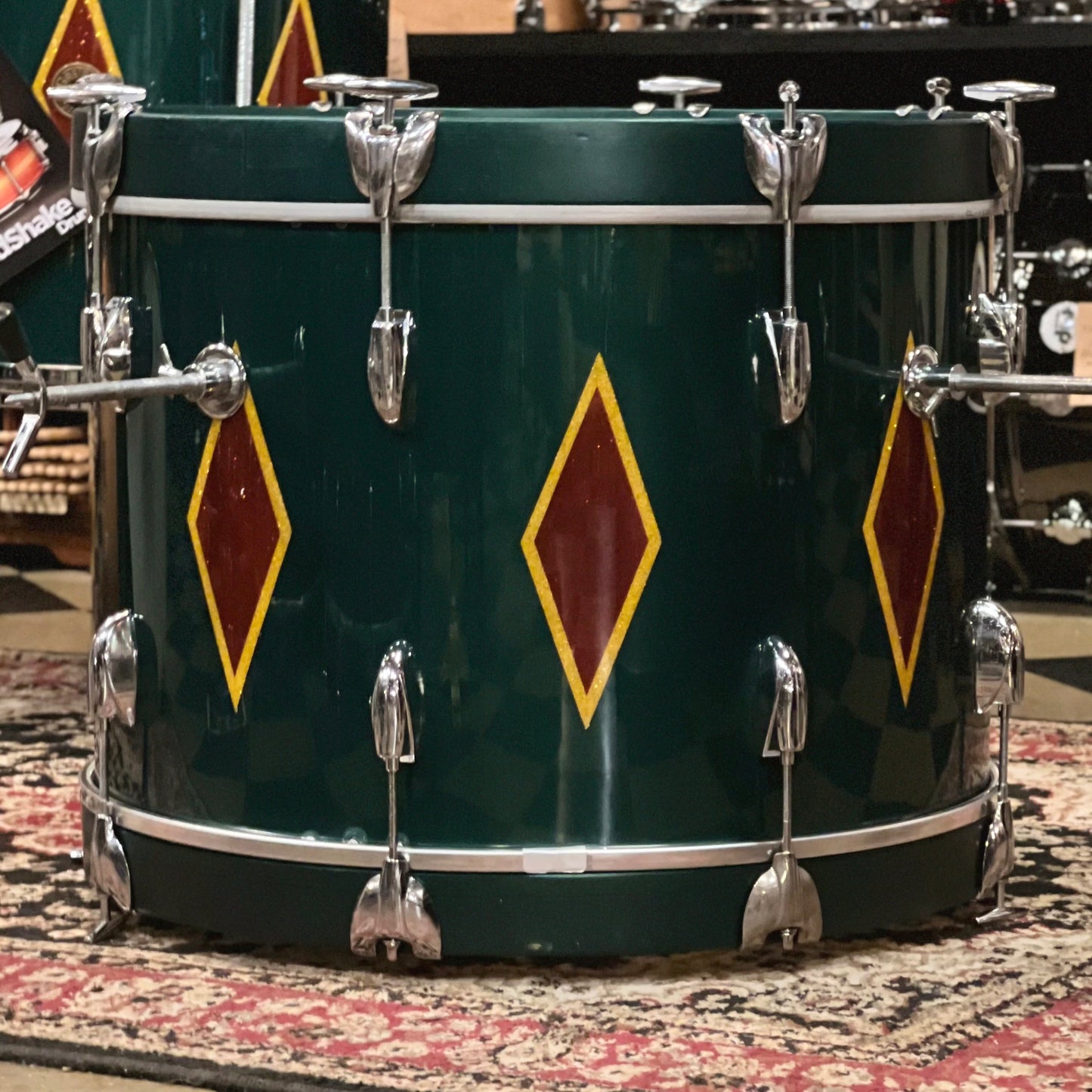 VINTAGE 1960's Gretsch Round Badge in Cadillac Green Glass Glitter Lacquer w/ Full Dress Diamonds - refurbished by Handshake Drums- 14x20, 8x12, 16x16