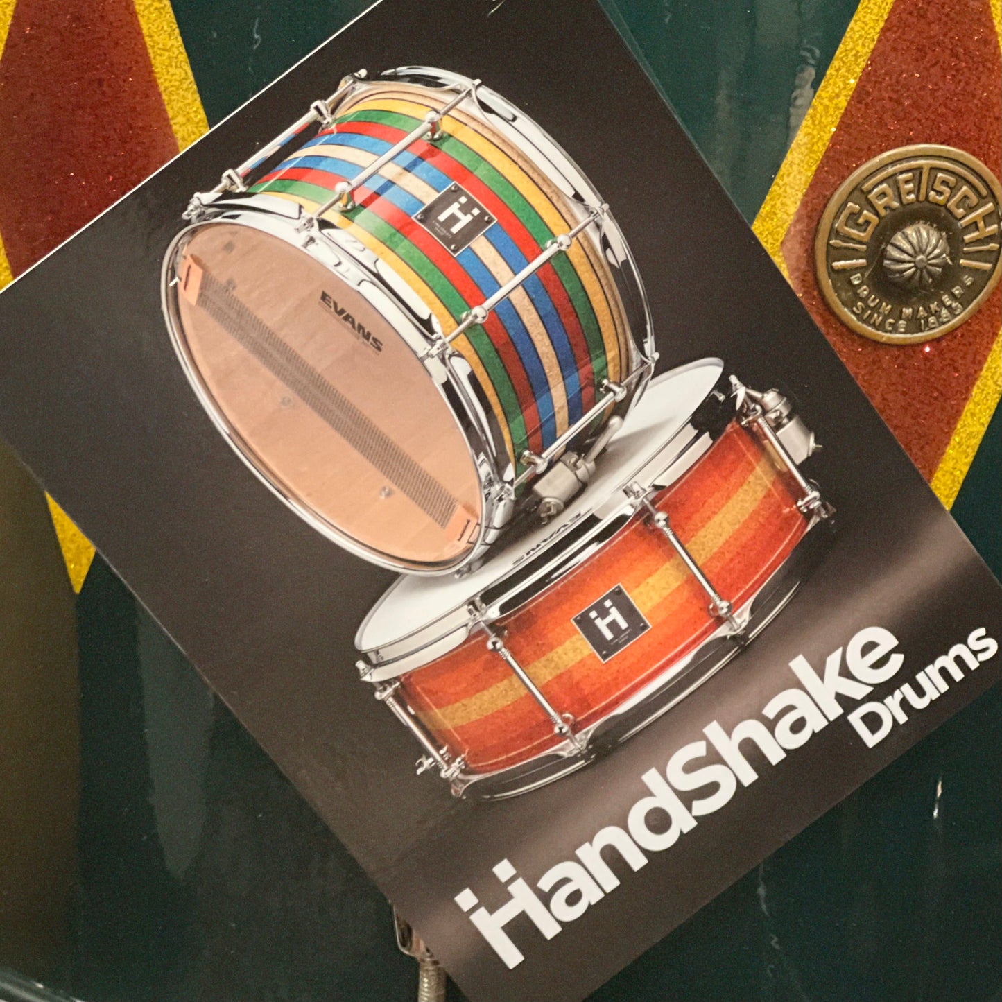 VINTAGE 1960's Gretsch Round Badge in Cadillac Green Glass Glitter Lacquer w/ Full Dress Diamonds - refurbished by Handshake Drums- 14x20, 8x12, 16x16