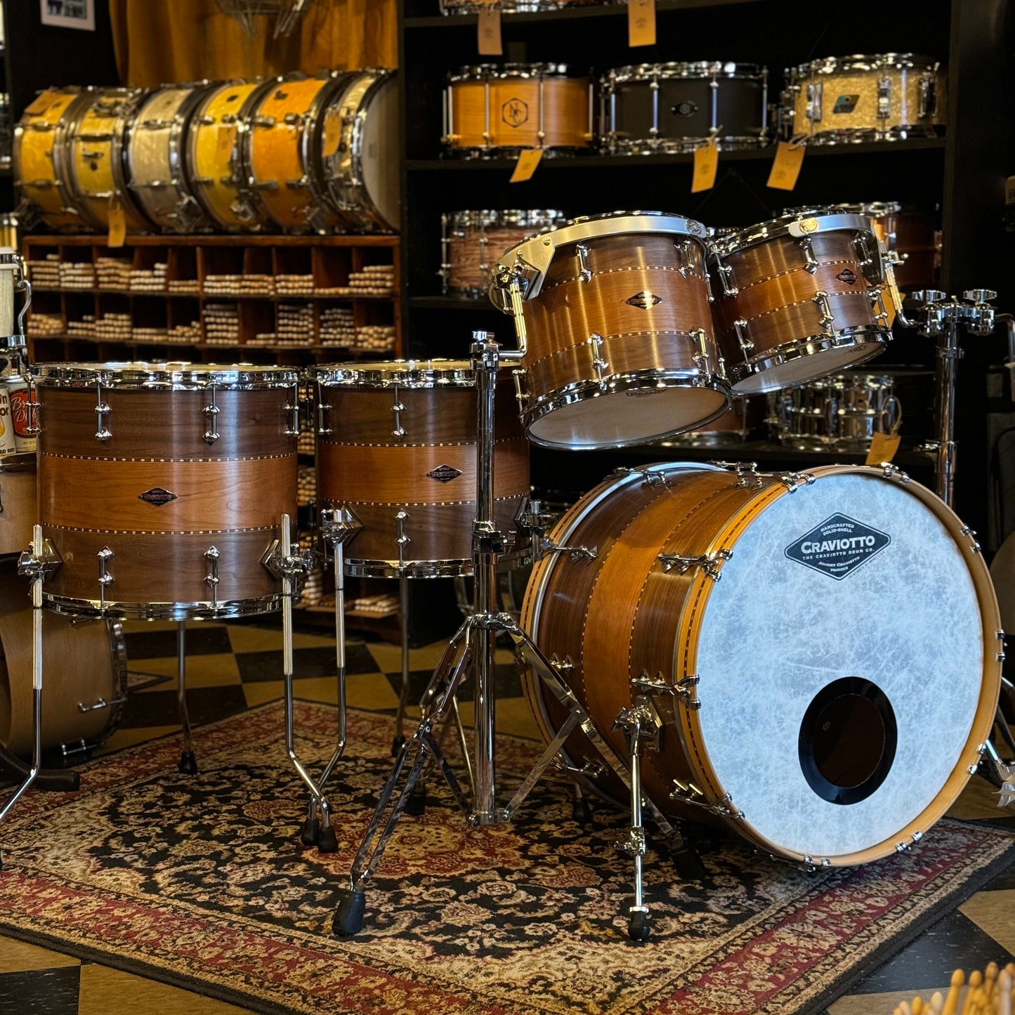 USED 2016 Craviotto Custom Shop Stacked Walnut/Cherry/Walnut Drum Set w/ Dual Walnut inlay- 16x22, 8x10, 10x12, 12x14, 14x16