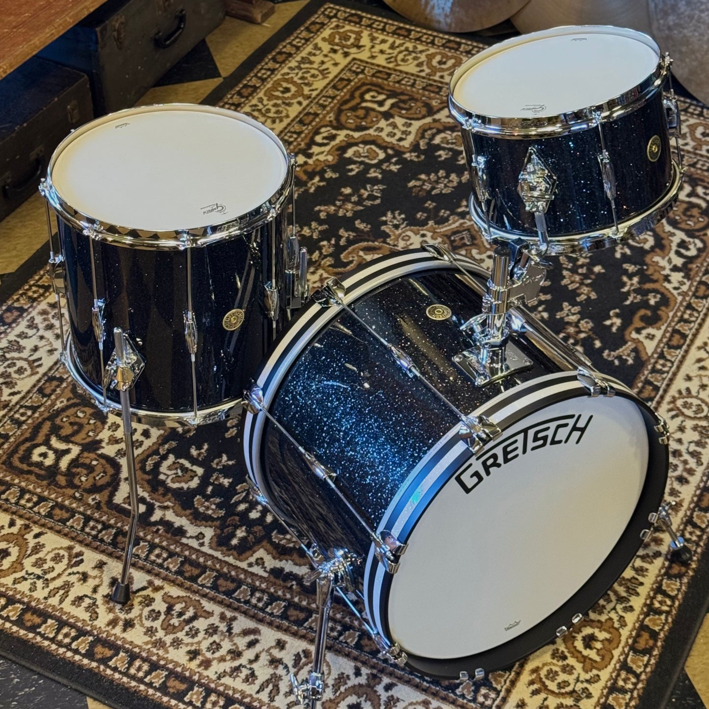 NEW Gretsch Broadkaster Heritage Build Drum Set in Black Glass Glitter w/ White Glass Glitter Hoop Inlays - 14x20, 8x12, 14x14