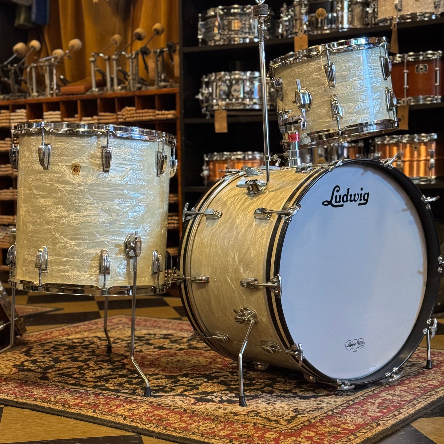 VINTAGE 1960's Ludwig Classic Outfit in White Marine Pearl - 14x22, 9x13, 16x16