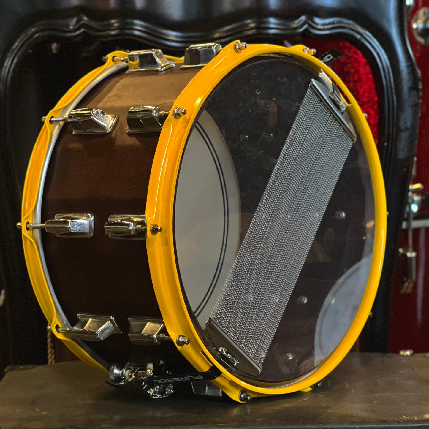 Unknown 8x14 Stave Snare Drum in Mahogany Stain w/ Yellow Hoops
