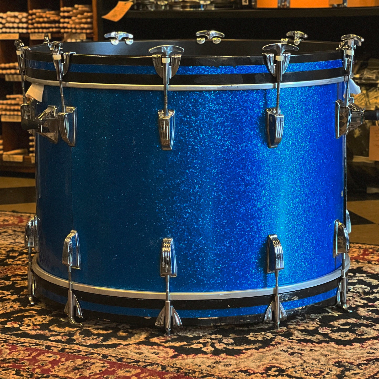 VINTAGE Ludwig 1970's Blue & Olive Badge Bass Drum in Blue Sparkle - 14x22