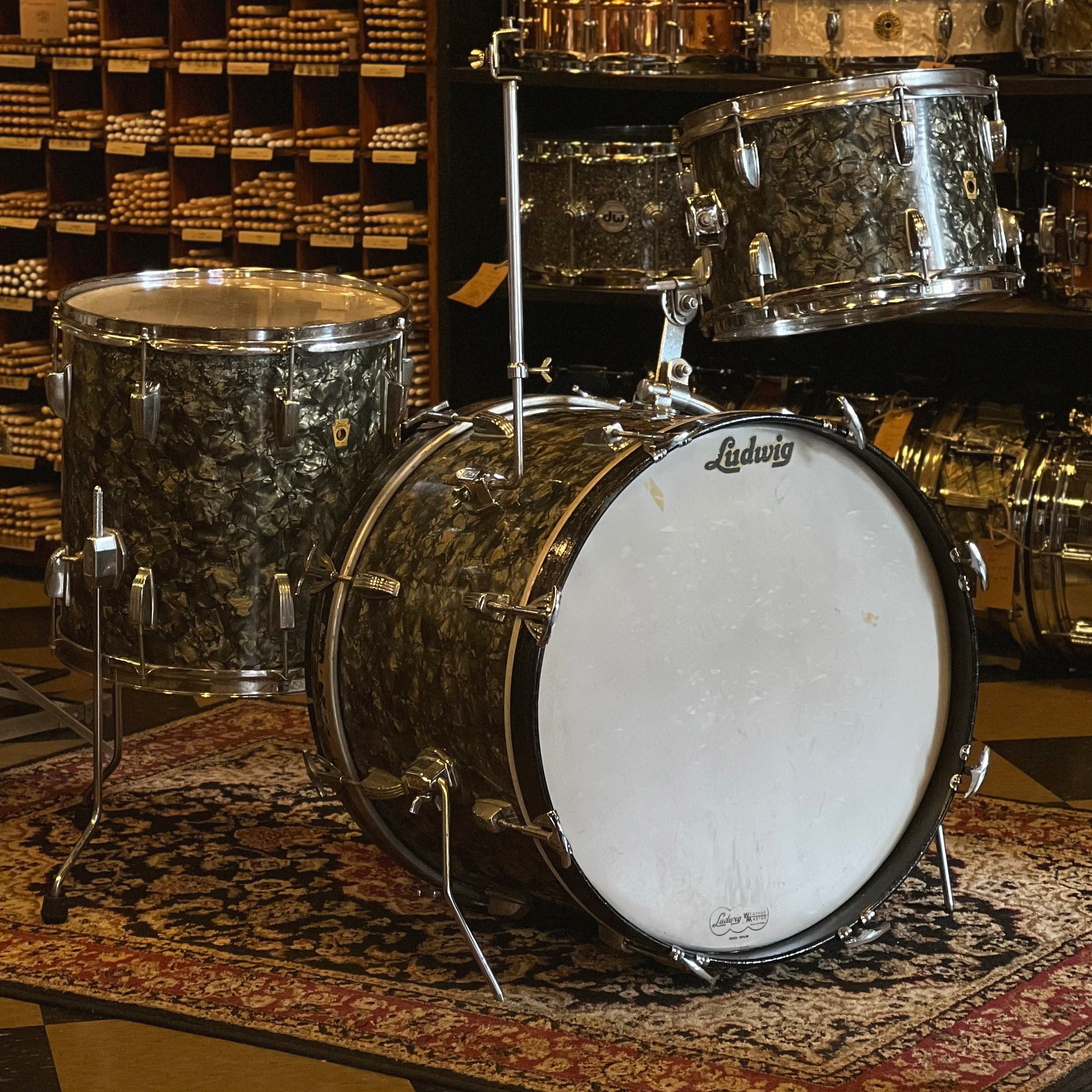 VINTAGE 1967 Ludwig Downbeat Outfit in Black Diamond Pearl 14x20, 8x