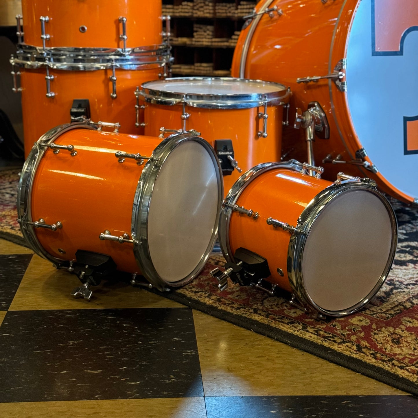 USED Custom Carbon Fiber Drum Set in "Tennessee Orange" - 16x22, 8x8, 10x10, 12x12, 11x13, 14x14