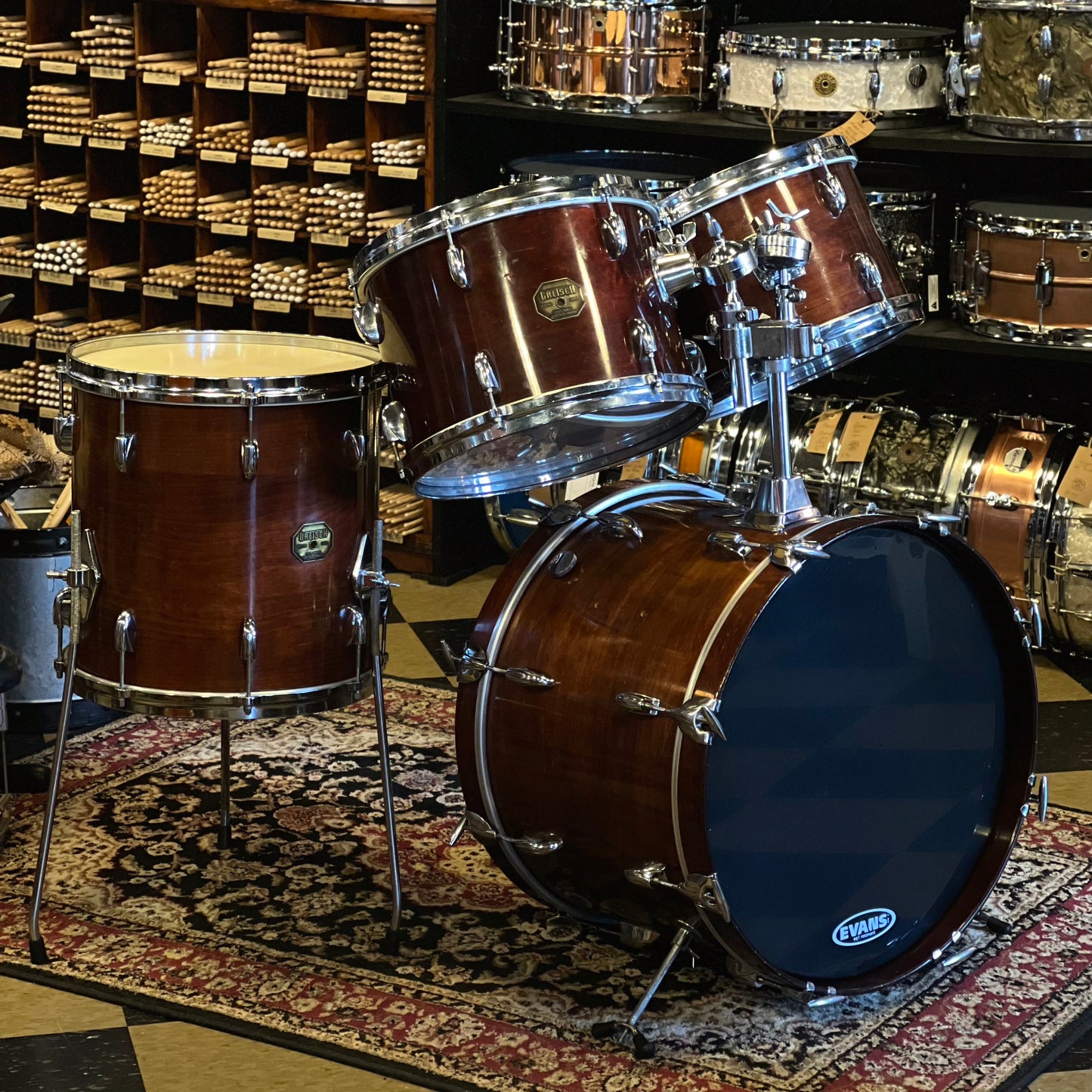 VINTAGE 1971-72 Gretsch Stop Sign Badge Drum Set in Walnut Gloss - 20/12/13/14