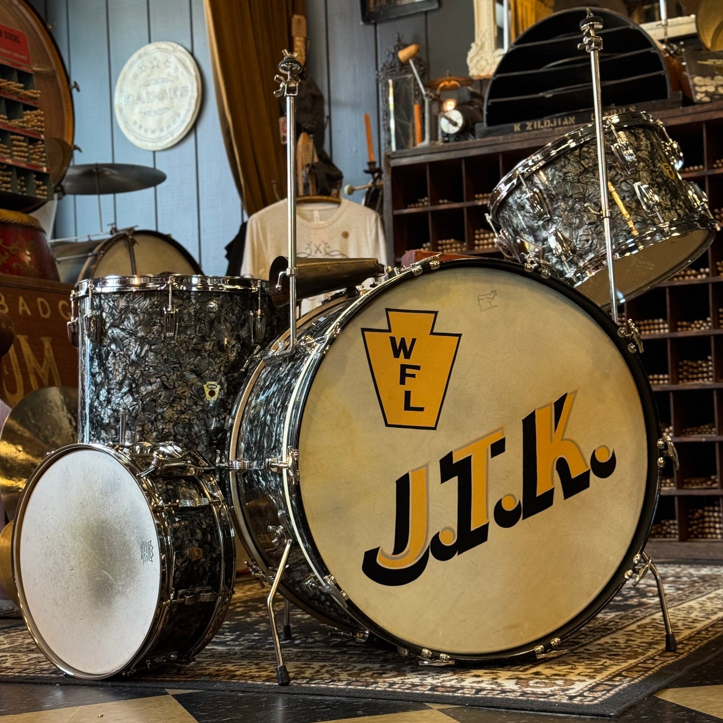 VINTAGE 1957-1958 Ludwig WFL Transition Era Drum Set in Black Diamond Pearl - 14x24, 9x13, 16x16, 5x14