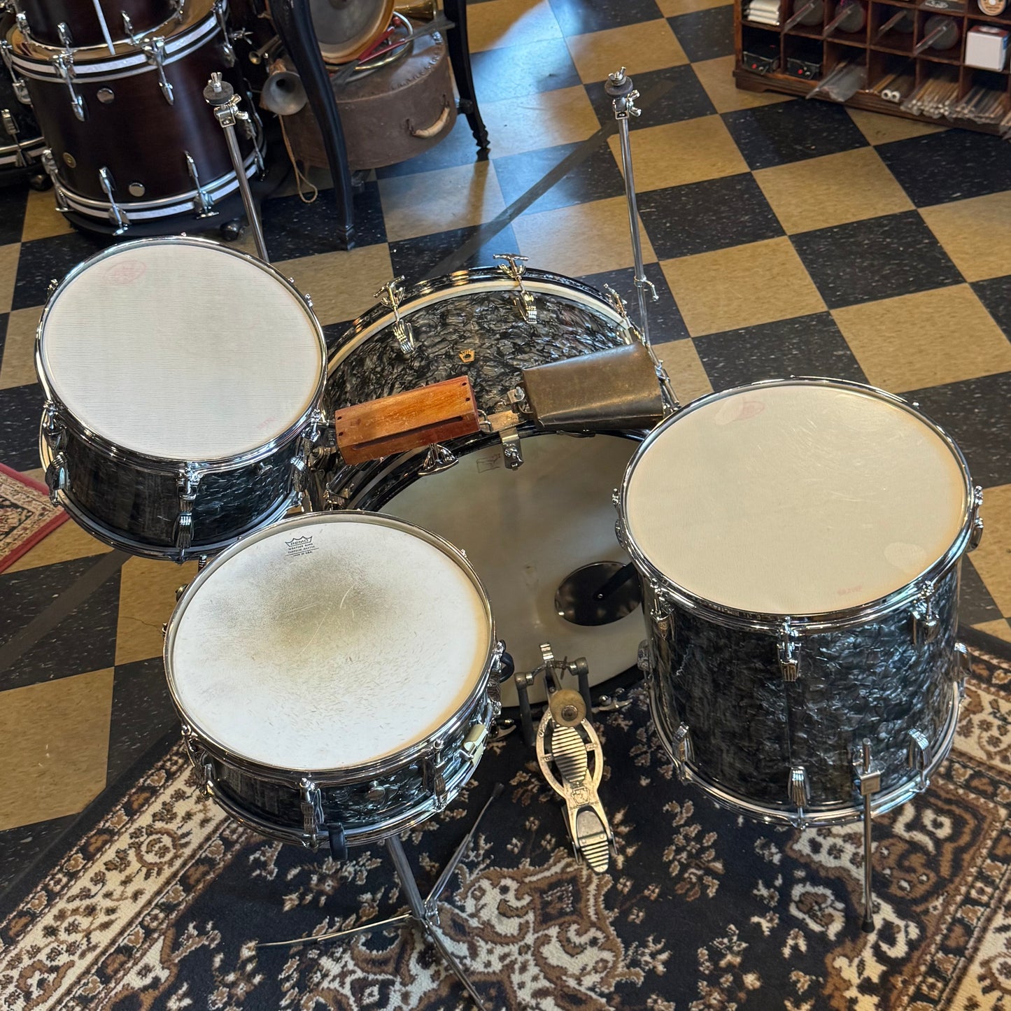 VINTAGE 1957-1958 Ludwig WFL Transition Era Drum Set in Black Diamond Pearl - 14x24, 9x13, 16x16, 5x14