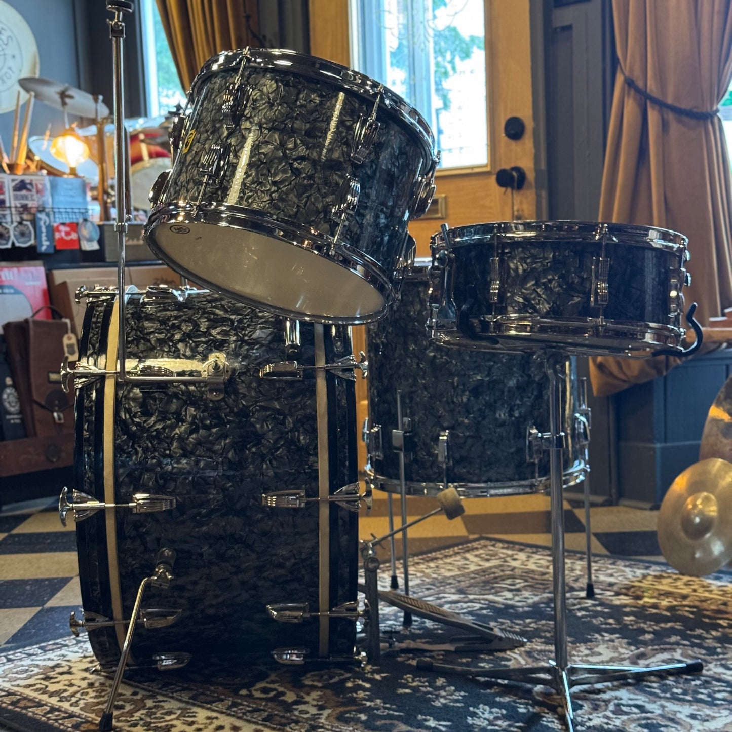 VINTAGE 1957-1958 Ludwig WFL Transition Era Drum Set in Black Diamond Pearl - 14x24, 9x13, 16x16, 5x14