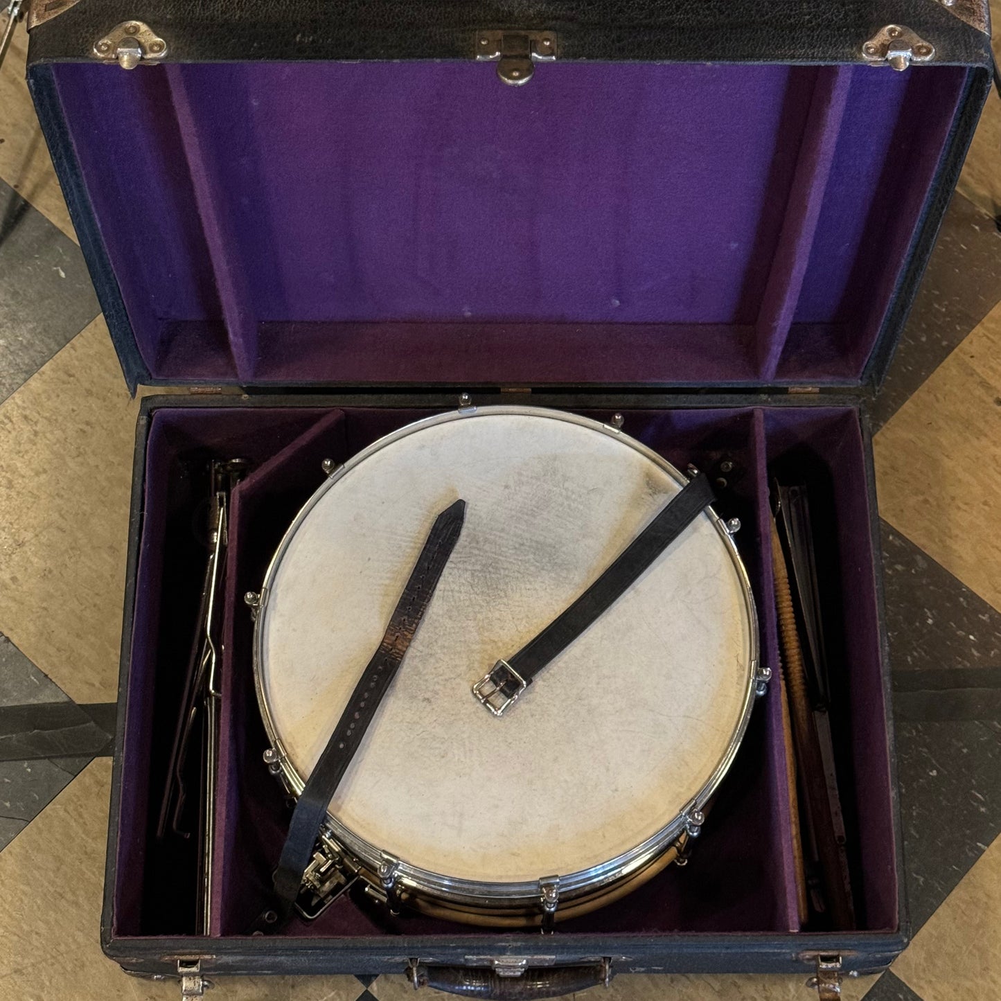 VINTAGE 1920's Ludwig All Original 6.5x15 Super Nickel over Brass Snare Drum w/ Case, Stand, and Sticks