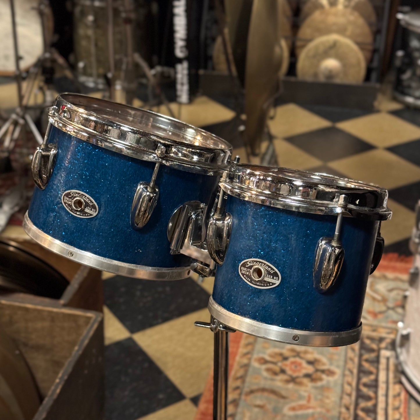 VINTAGE 1970's Slingerland 6" & 8" Bongo Set in Blue Sparkle w/ Stand