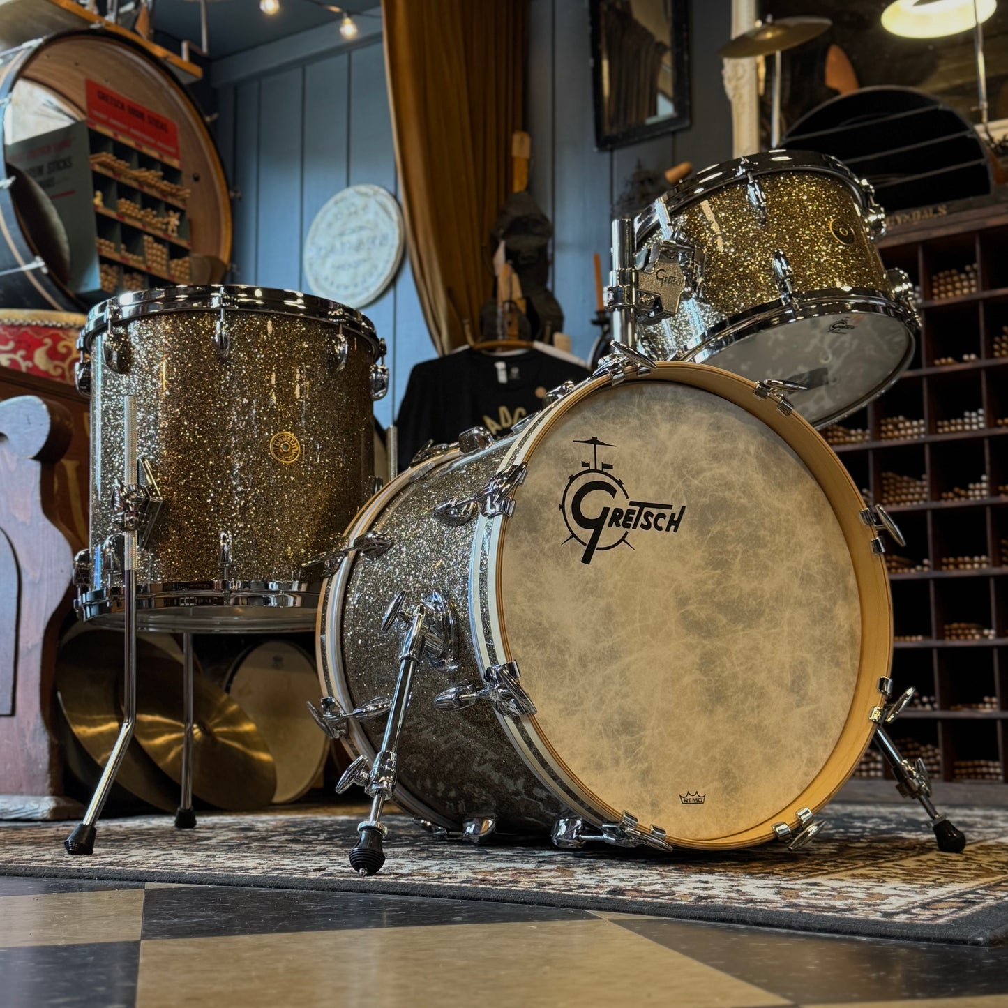 NEW Gretsch USA Custom in Ginger Glass Glitter w/ Satin Natural Bass Drum Hoops - 14x18, 8x12, 14x14