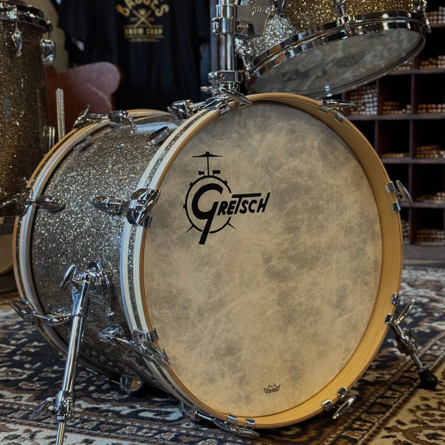NEW Gretsch USA Custom in Ginger Glass Glitter w/ Satin Natural Bass Drum Hoops - 14x18, 8x12, 14x14